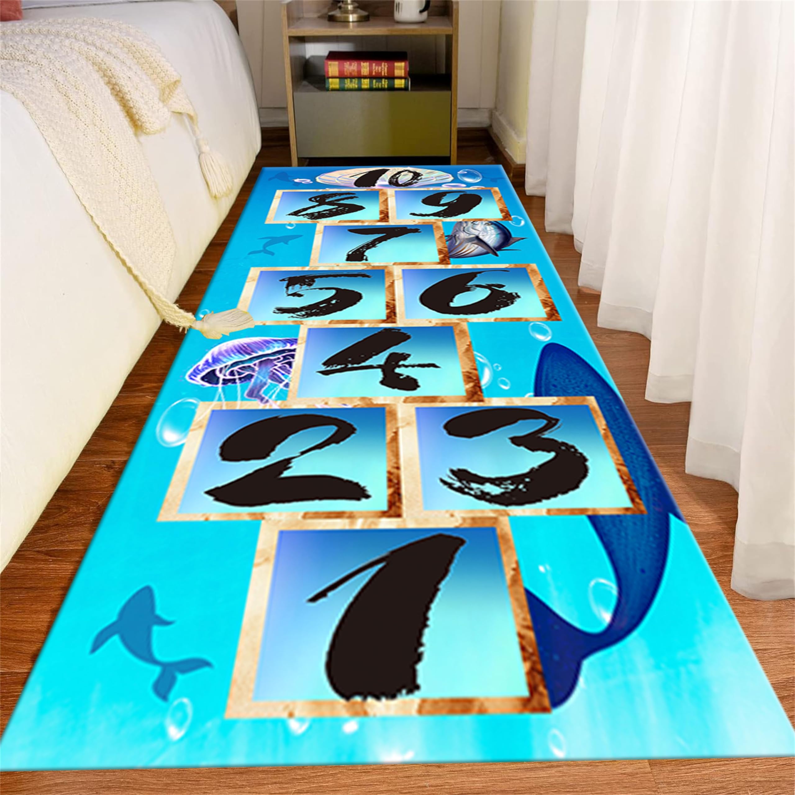 Srocvi Hopscotch Runner Rug Funny Kids Educational Learning Long Hallway Rugs with The Theme of The Underwater World Boys Girls Bedroom Play Game Mat