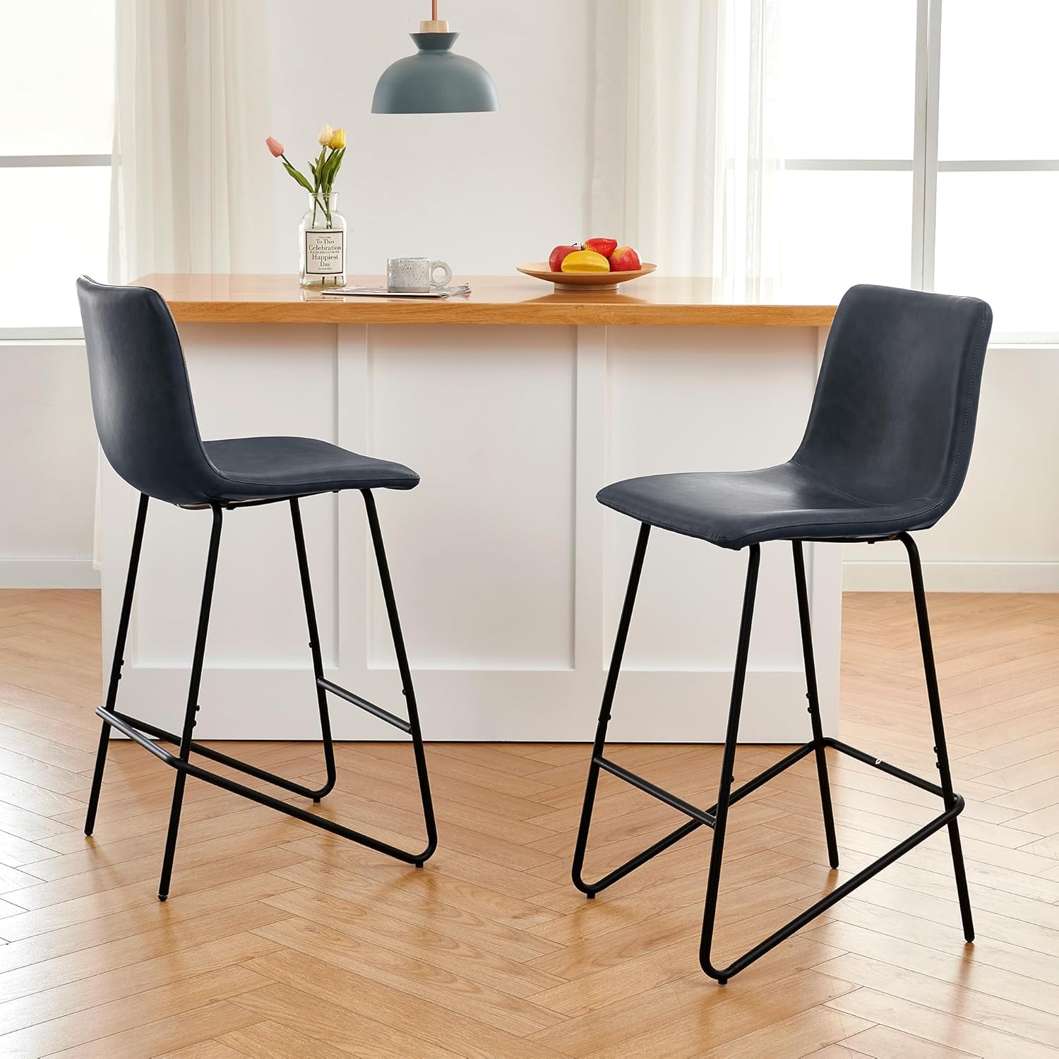 Watson & Whitely Bar Stools, Faux Leather Upholstered Barstool with Back, Metal Legs in Matte Black, 26" H Seat Height, Set of 2, Blue