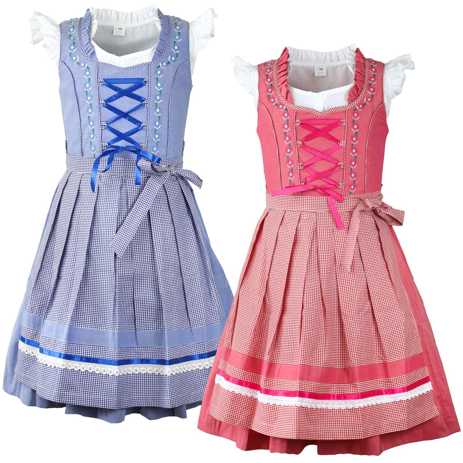 Kinderdirndl Mila – Kinder Dirndl blau rot mit Bluse 3 teilig – traditionelles Trachtenkleid für Mädchen