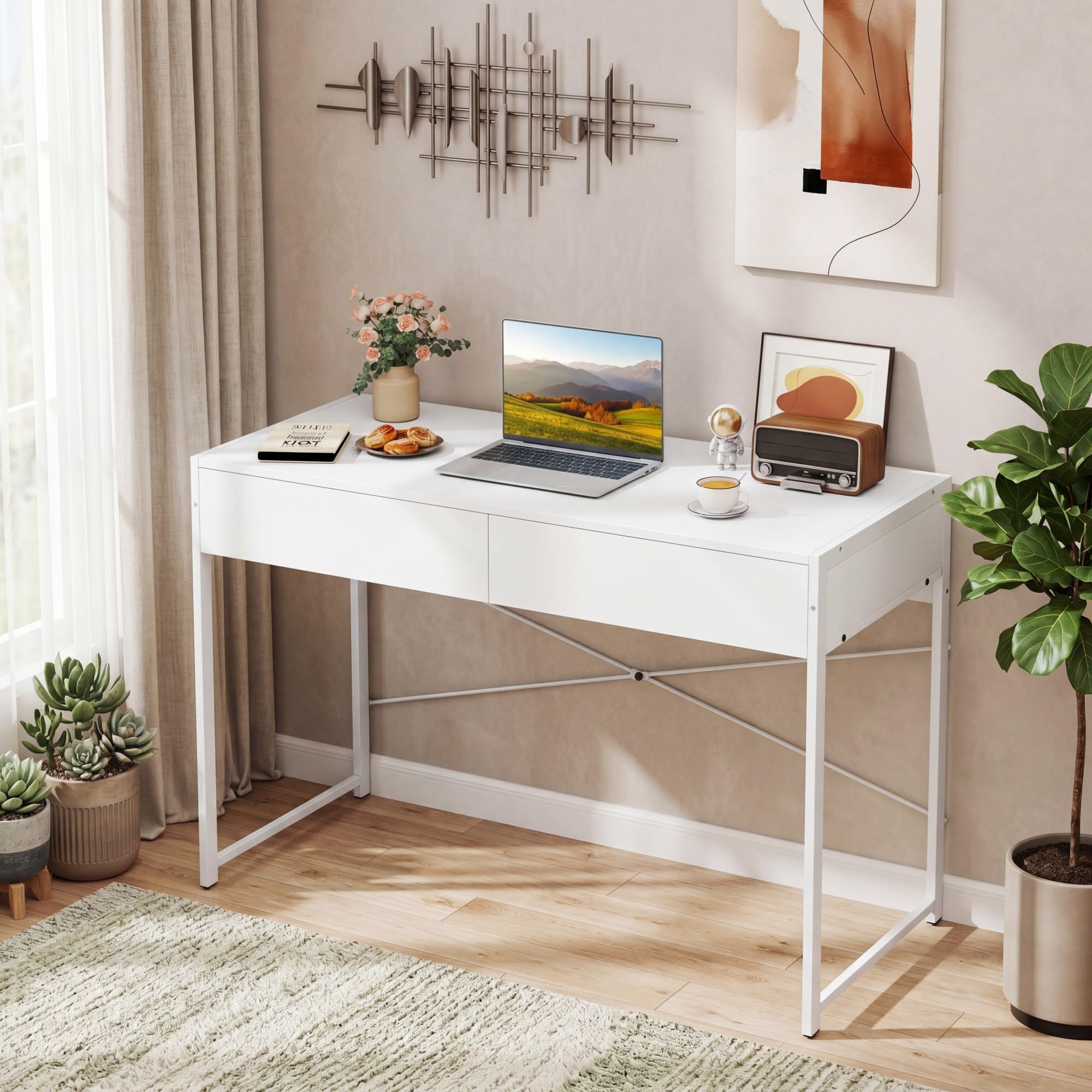 KOMFOTTEU Escritorio con 2 Cajones, Mesa Escritorio Ordenador con Marco Metálico, Mesa de Trabajo Moderna para Oficina, Dormitorio, Estudio, Despacho, 111 x 48 x 76 cm (Blanco)