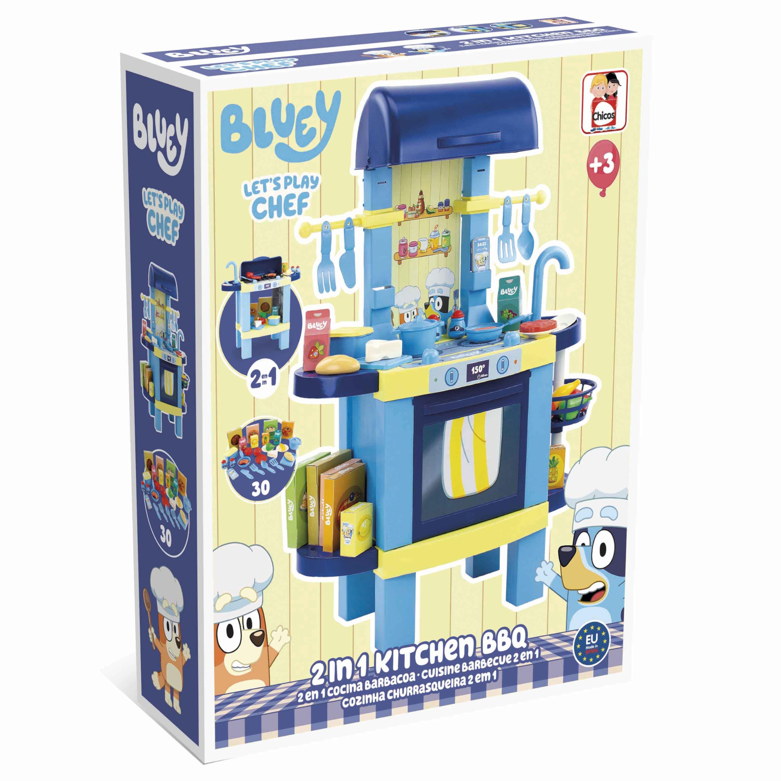 Chicos - Cucina Giocattolo Bluey 2 in 1 | Barbecue per Bambini con 32 Accessori | Playset Grande di Imitazione | Giocattolo Per bambini 3+ anni (85005)