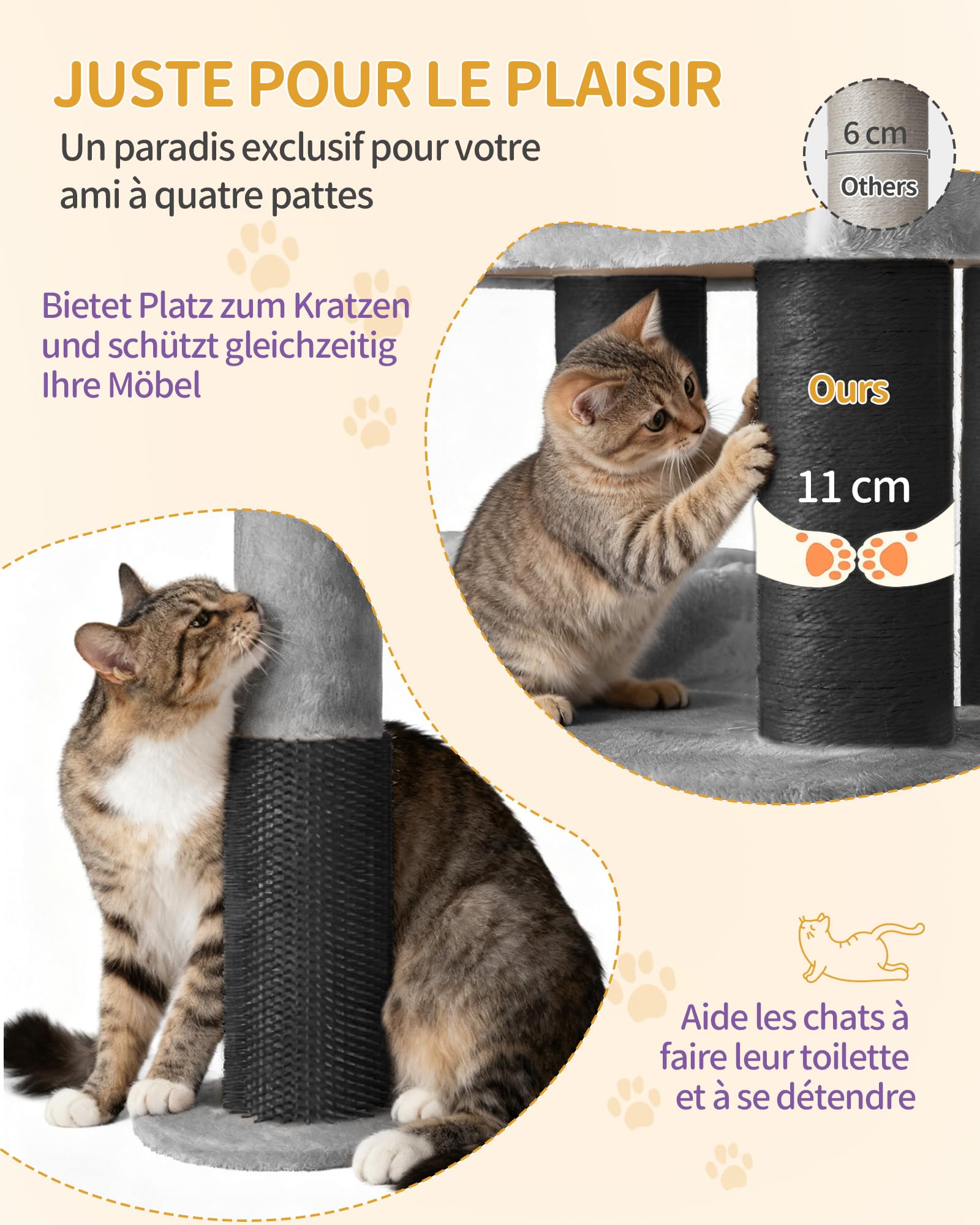 Hzuaneri Arbre à Chat, 163 cm, Poteaux en Sisal de 11 cm D'épaisseur | Niche, Plateforms, Balle en Peluche, Brosse pour Chat, Griffoir à Plusieurs Niveaux, Gris Clair Noir MS16318BG