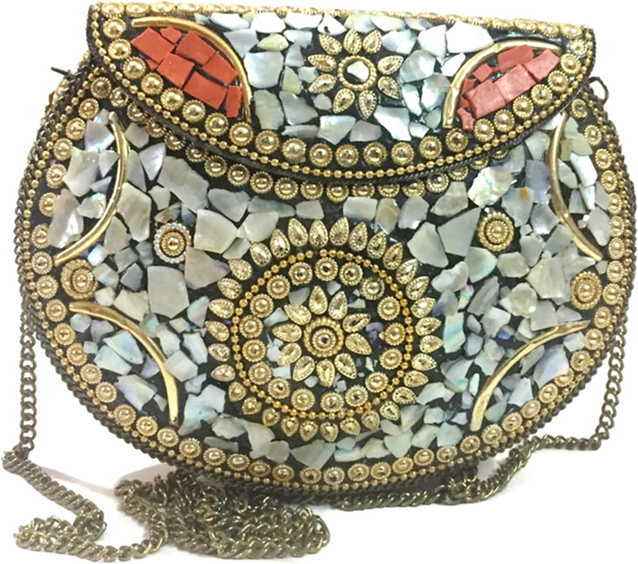 Bridal Sling Bag, Indian Ethnic Clutches for Women,Party bag for women,Wedding Box Clutch for Women Shell clutch MOP bag Metal purse wallet sling bag bridal bag