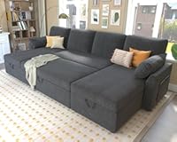 Sleeper Sofa&comma; 110 inch Oversize - 2 in 1 Pull Out Bed&comma; Sectional Sleeper Sofa with Double Storage Chaise for Living Room&comma; Grey Linen Couch
