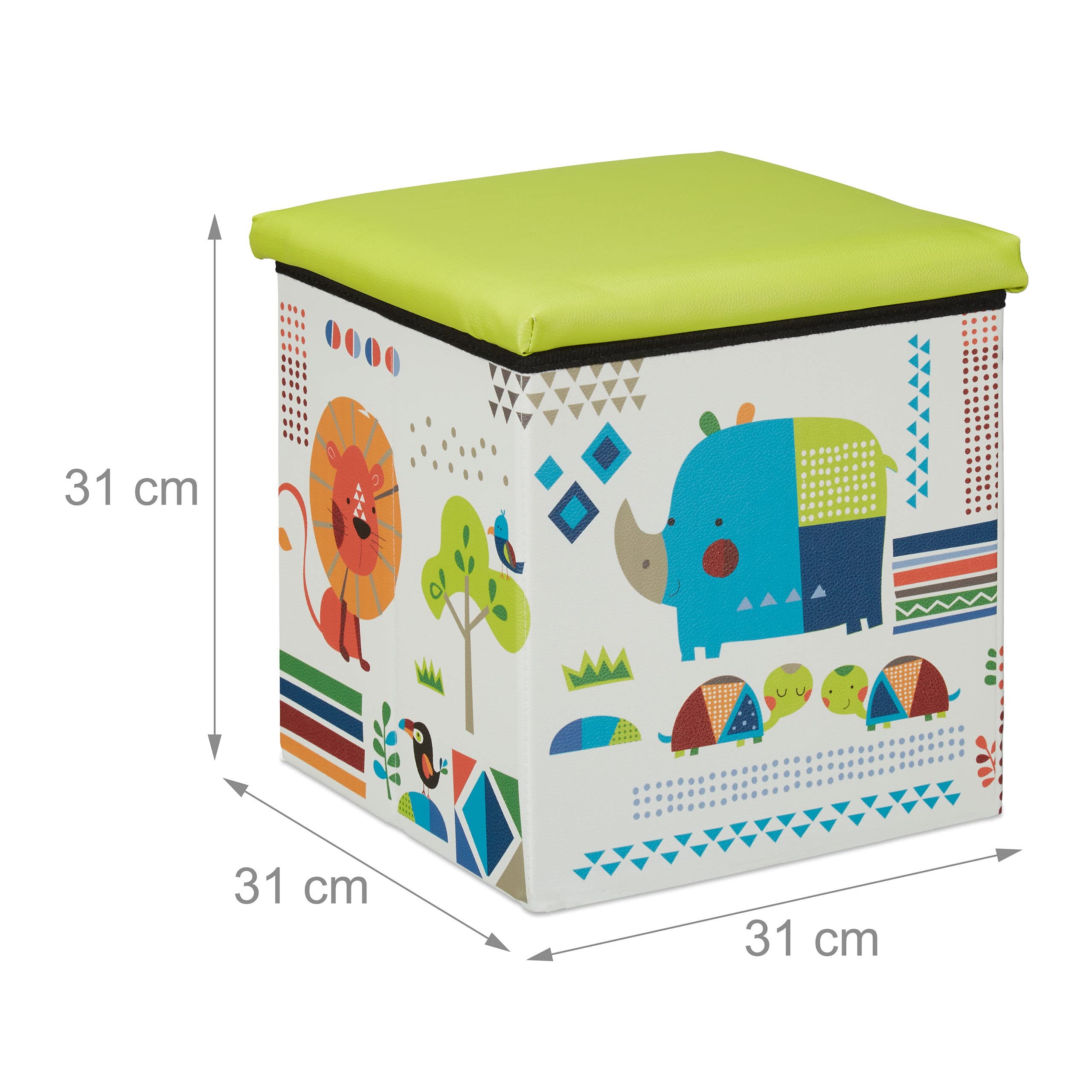 BiancoRelaxdays Pouf Contenitore, Porta Giochi per Bambini, Sgabello, Design-Animali, Poggiapiedi, 31x31x31 cm, Verde
