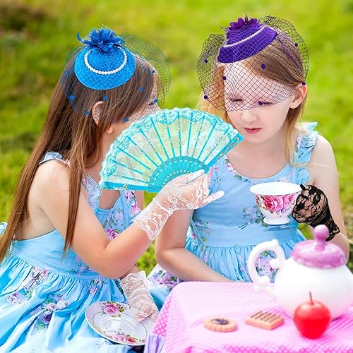 Miniatura 7 de 18 piezas de suministros de fiesta de té decoración de fiesta con sombreros de fiesta de té para niñas fiesta de té guantes de encaje plegables para
