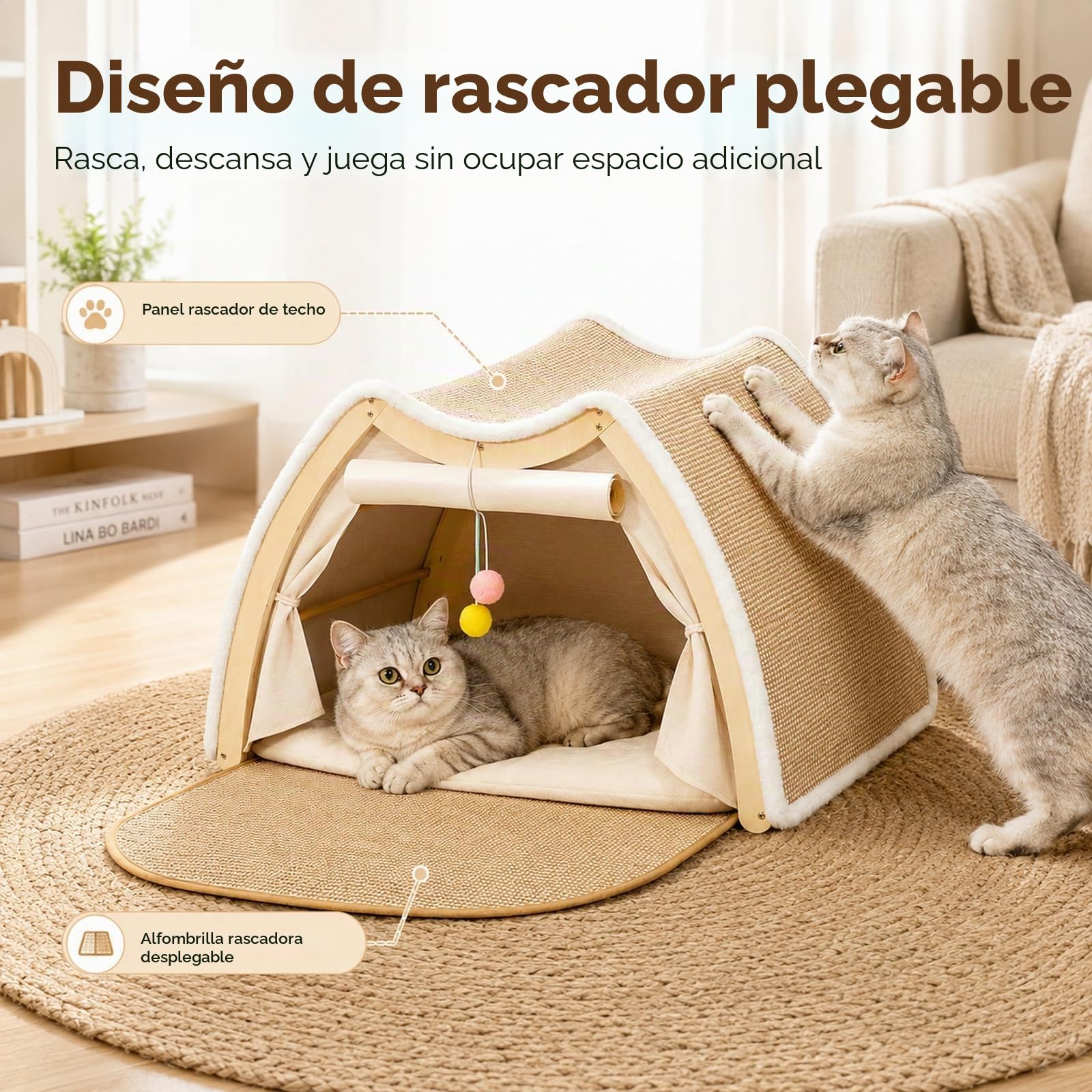 Casa para Gatos con Rascador, Cueva Plegable de Felpardo 50x40x32 cm, Cama Grande con Cojín para Gato y Perro Pequeño