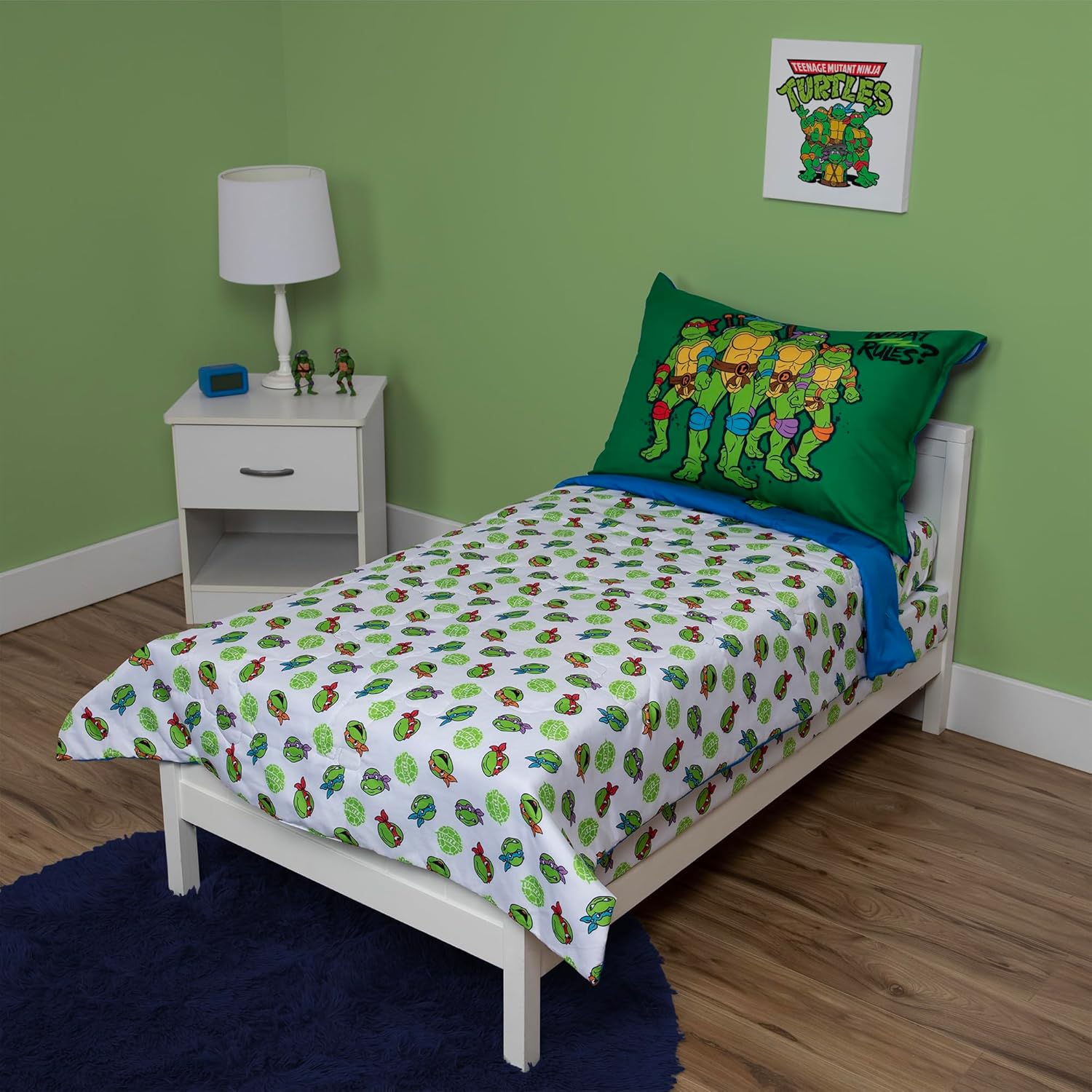 Teenage Mutant Ninja Turtles 4 Piece Toddler Bedding Set – Includes Comforter, Sheet Set – Fitted + Top Sheet + Reversible Pillowcase for Boys Bed, Blue