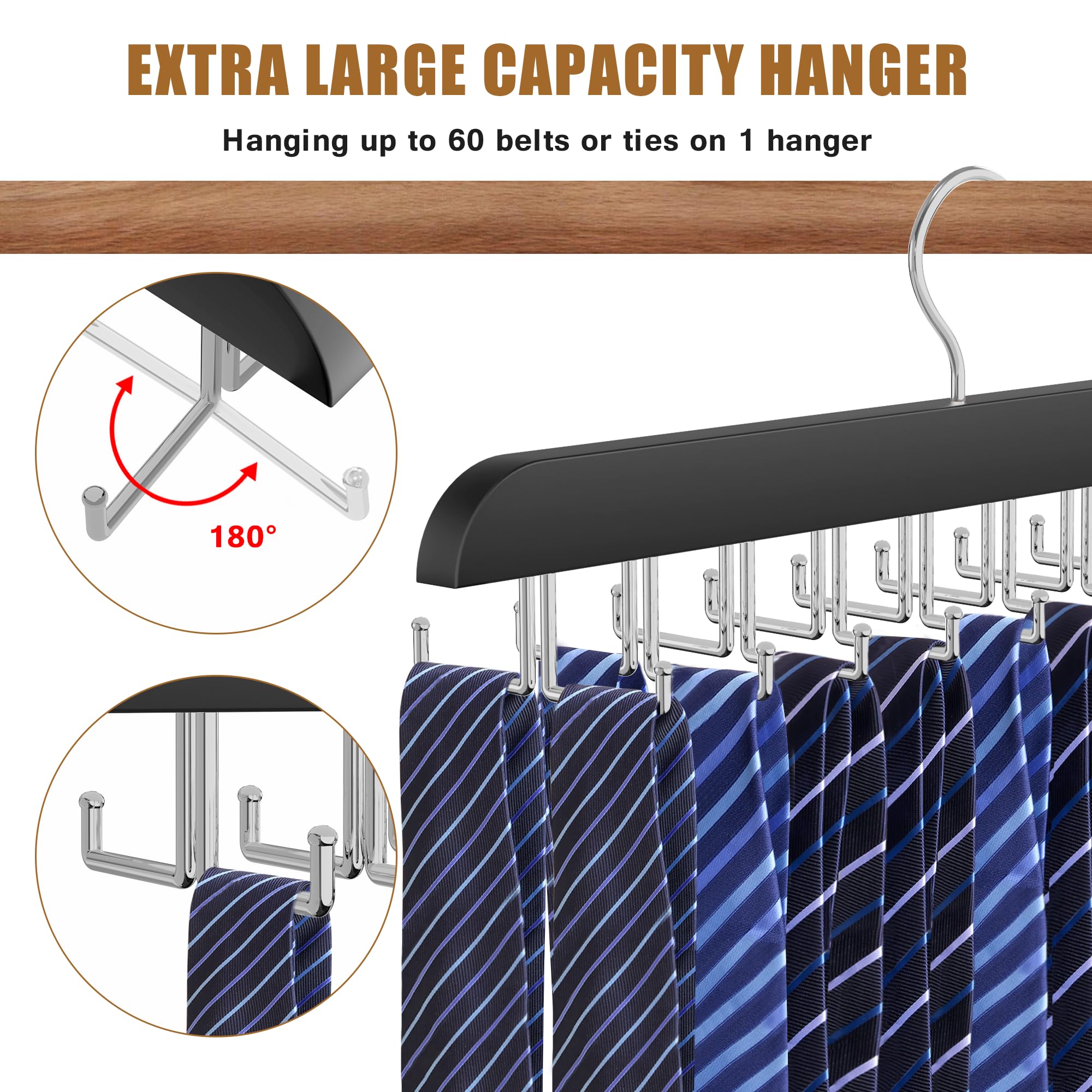 Percha para corbatas para armario, 2 en 1 con 20 ganchos plegables, organizador de corbata de madera giratorio de 360 grados para hombres, corbatas, cinturones, bufandas, camisetas sin mangas