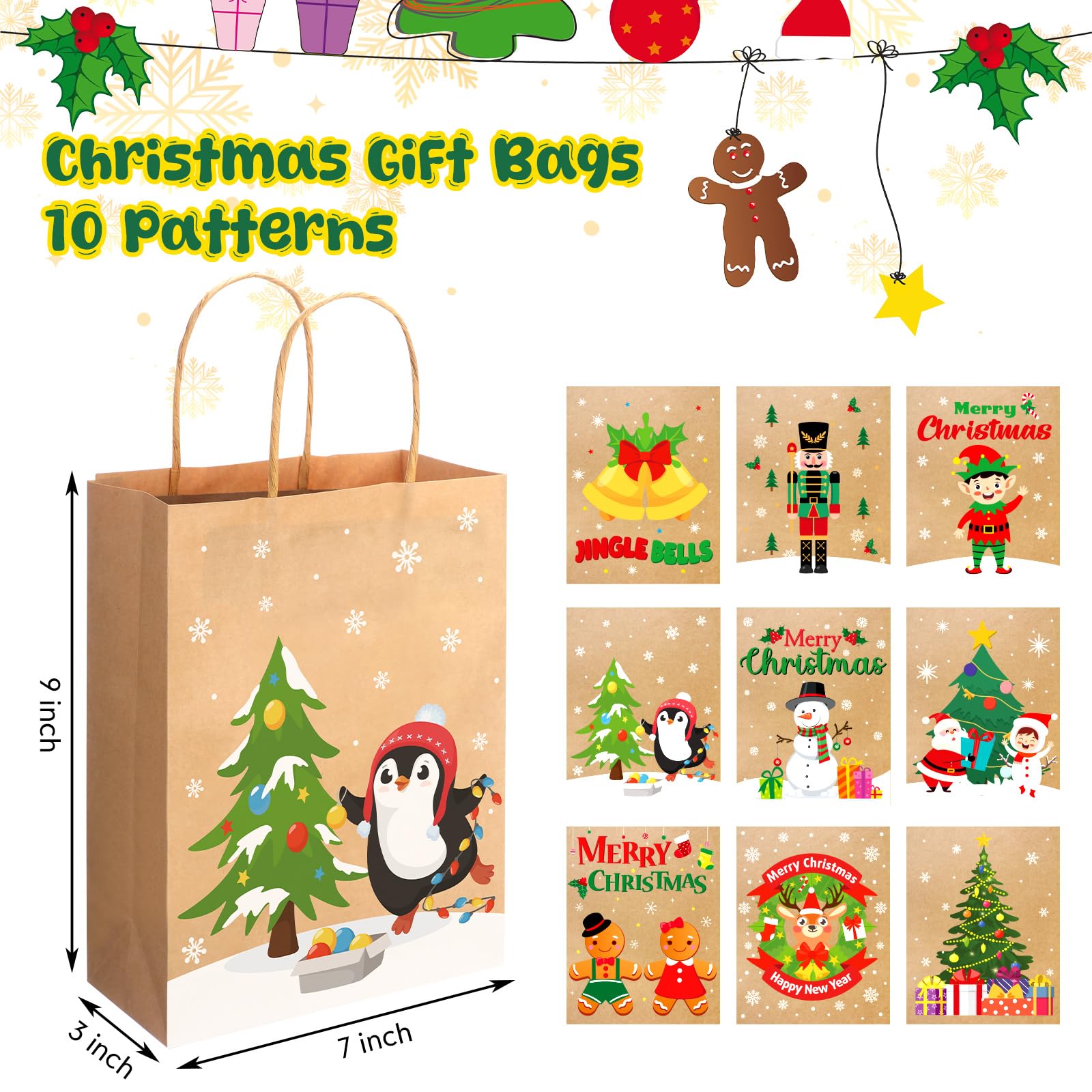 Cholemy 200 bolsas de regalo de Navidad a granel, 9 x 7 x 3 pulgadas, bolsas de papel kraft de Navidad con asa, bolsas de regalo de Navidad para regalos especiales de vacaciones, 10 estilos (colores