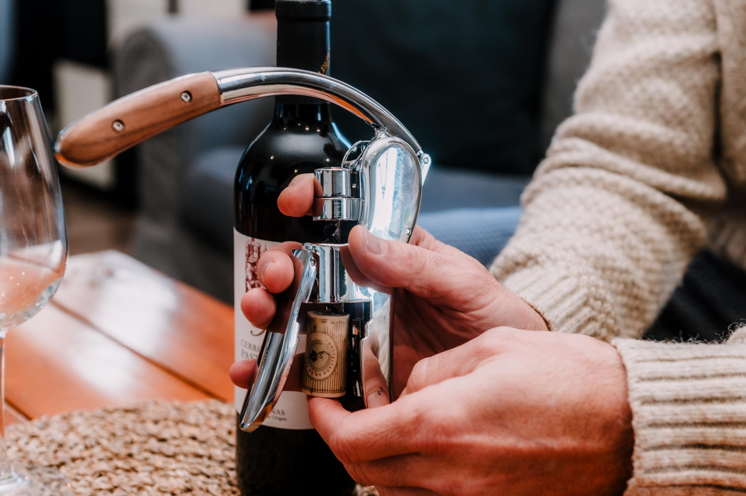 VB VIN BOUQUET FID 1535 Tire-bouchon à levier chromé avec manche en bois, mécanisme professionnel, boîte cadeau