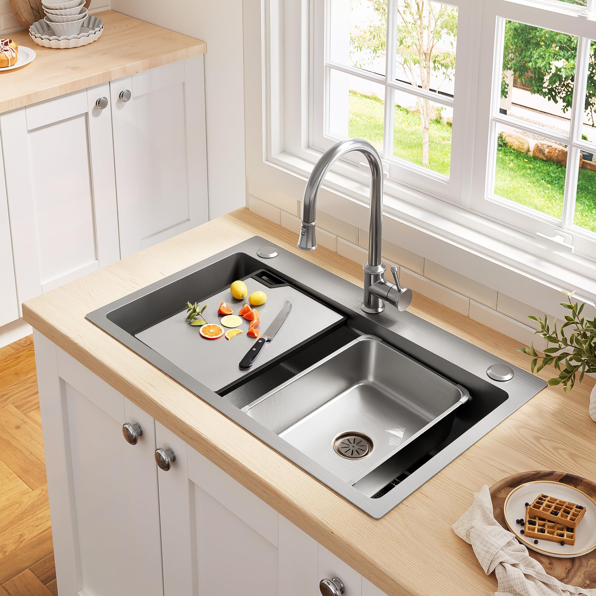 75 x 45 cm Fregadero empotrable de acero inoxidable con tabla de cortar, lavabo adicional y cesta colador, fregadero de cocina recubierto de PVD, construcción silenciosa, desagüe cascada y 3 orificios