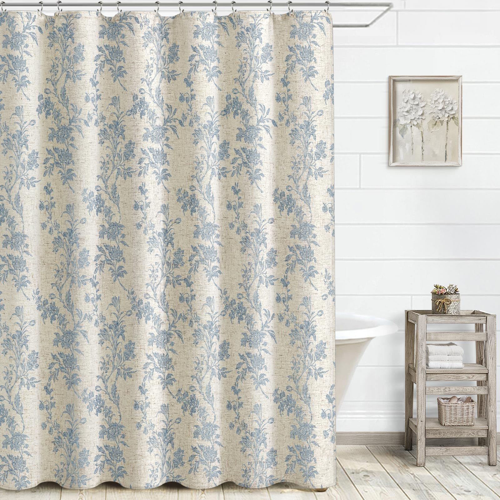 XOGUIBO Blue Floral Shower Curtain,Vintage Linen Beige Cottagecore Shower Curtains for Bathroom, 72" W x 72" L
