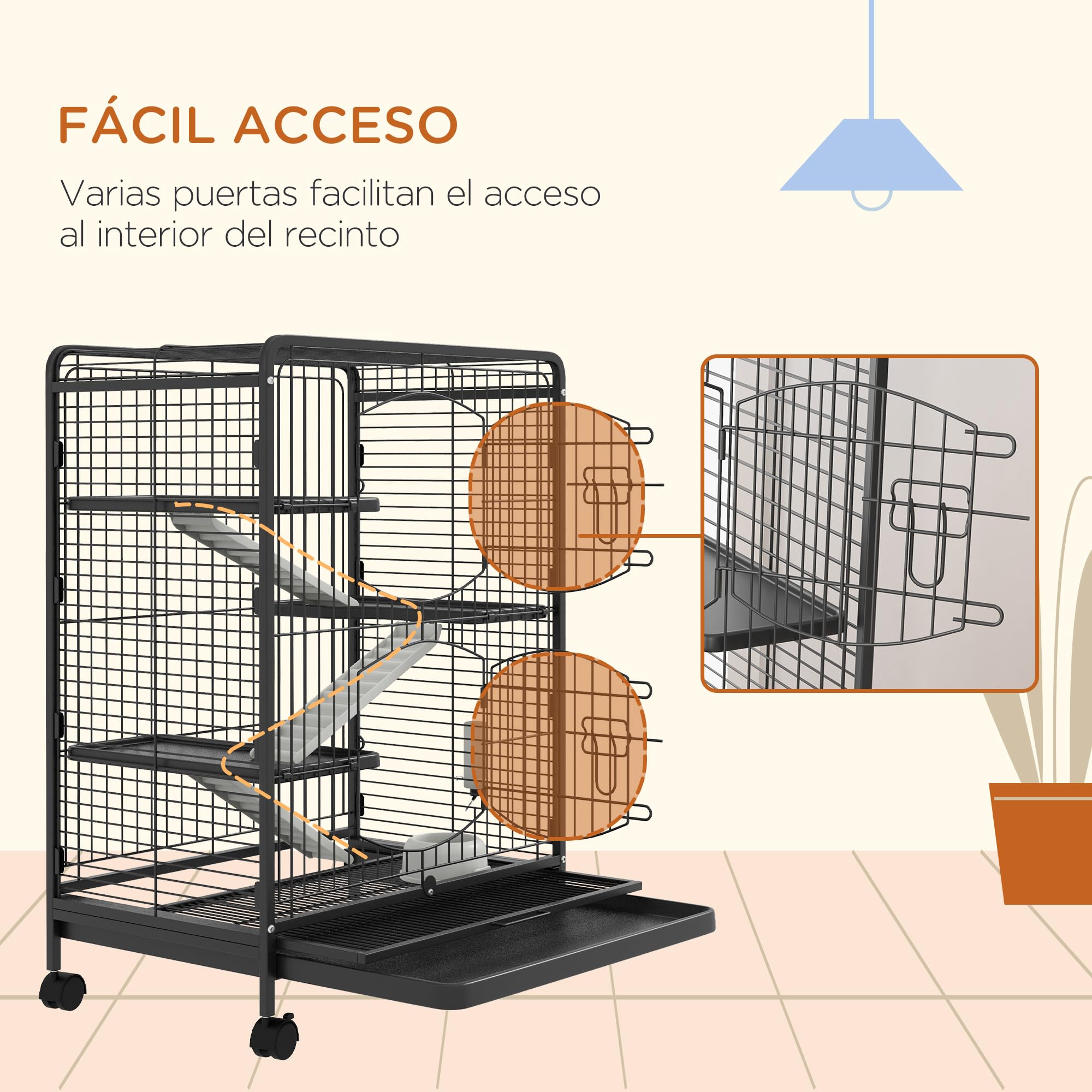 PawHut Jaula para Hurones Jaula para Animales Pequeños con Ruedas Rampa Cuenco Botella de Agua y Bandeja Extraíble Recinto para Conejos Chinchillas 61,5x44x95 cm Negro