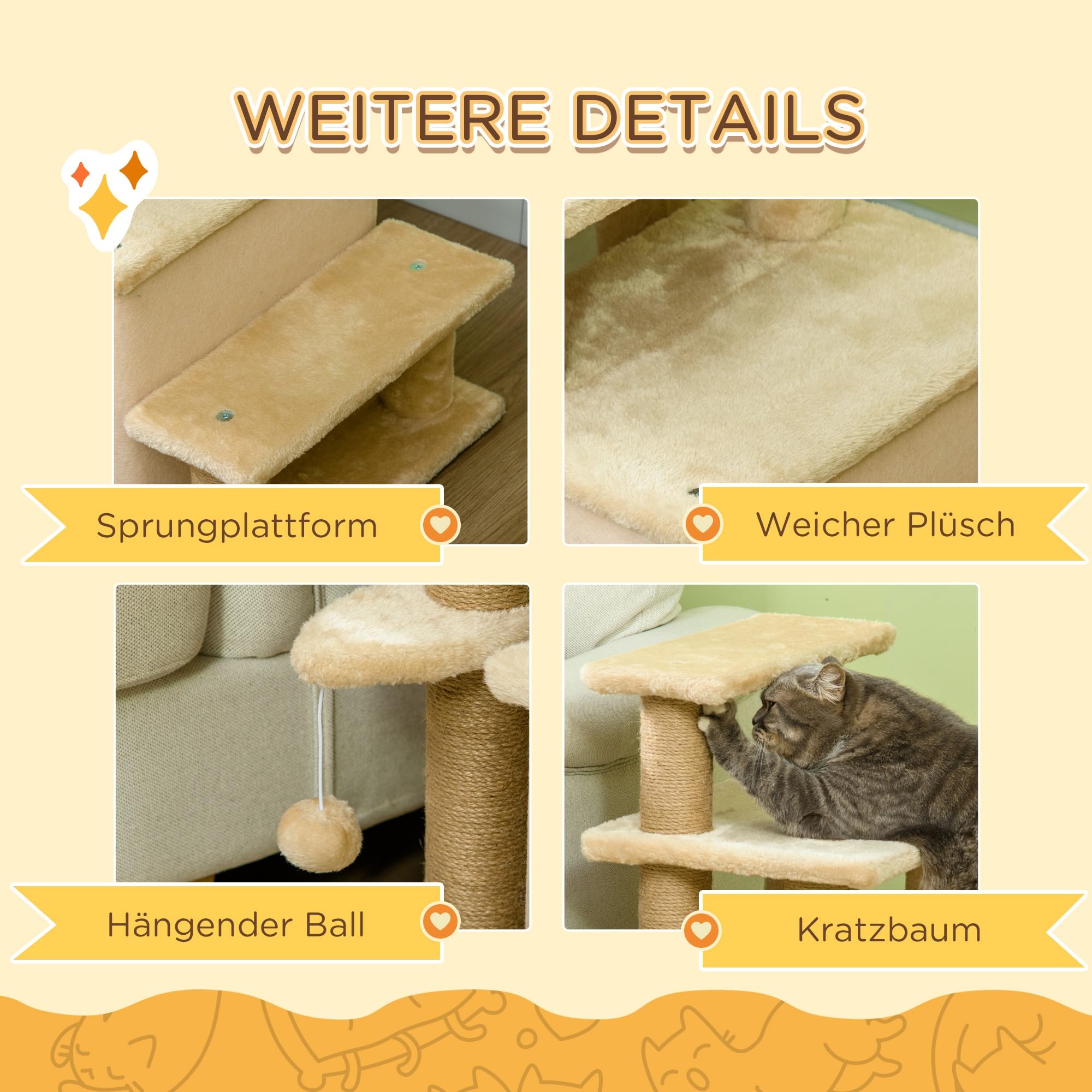 PawHut Hundetreppe 3/4 Stufen 66 cm Hoch Haustiertreppe mit Schlafhöhle, Rampe, Sipielball, Katzentreppe für mittelgroße Katze Hunderampe Einstiegshilfe für Bett, Sofa, Couch, Beige