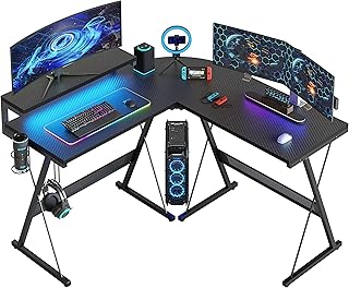 Bestier L Shaped Gaming Desk Computer Desk with LED Lights Monitor Stand 130CM Corner Desk with Cup Holder Headset Hook Ergonomic for Home Office Small Space