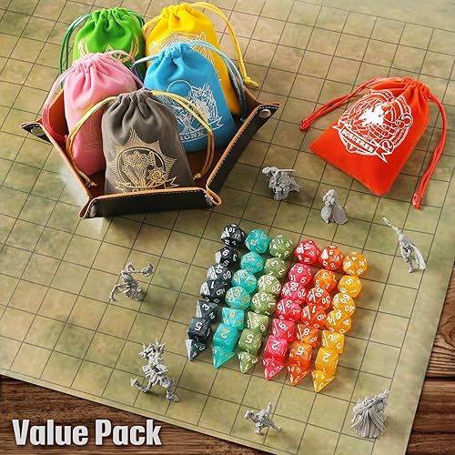 Miniatura 7 de Juego de dados Grajar D&D con fundas para dados con patrón de personajes, juego de 42 piezas de dados poliédricos, bandeja de PU de cuero