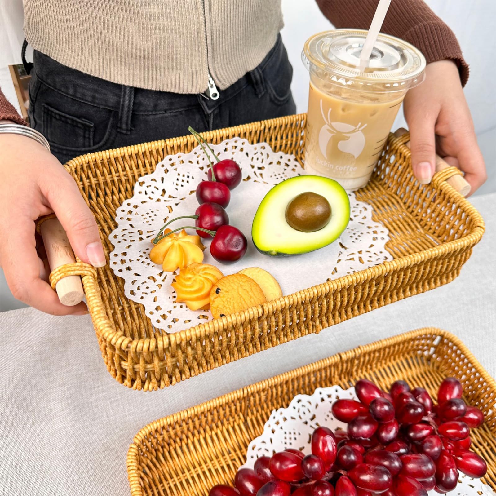 Wicker Basket Serving Tray with Handles Handwoven Rattan Storage Sofa Table Trays Decorative Organizer Tray for Eating Fruit Breakfast Food Coffee Bread Gift for Women, Set of 2 - Image 5