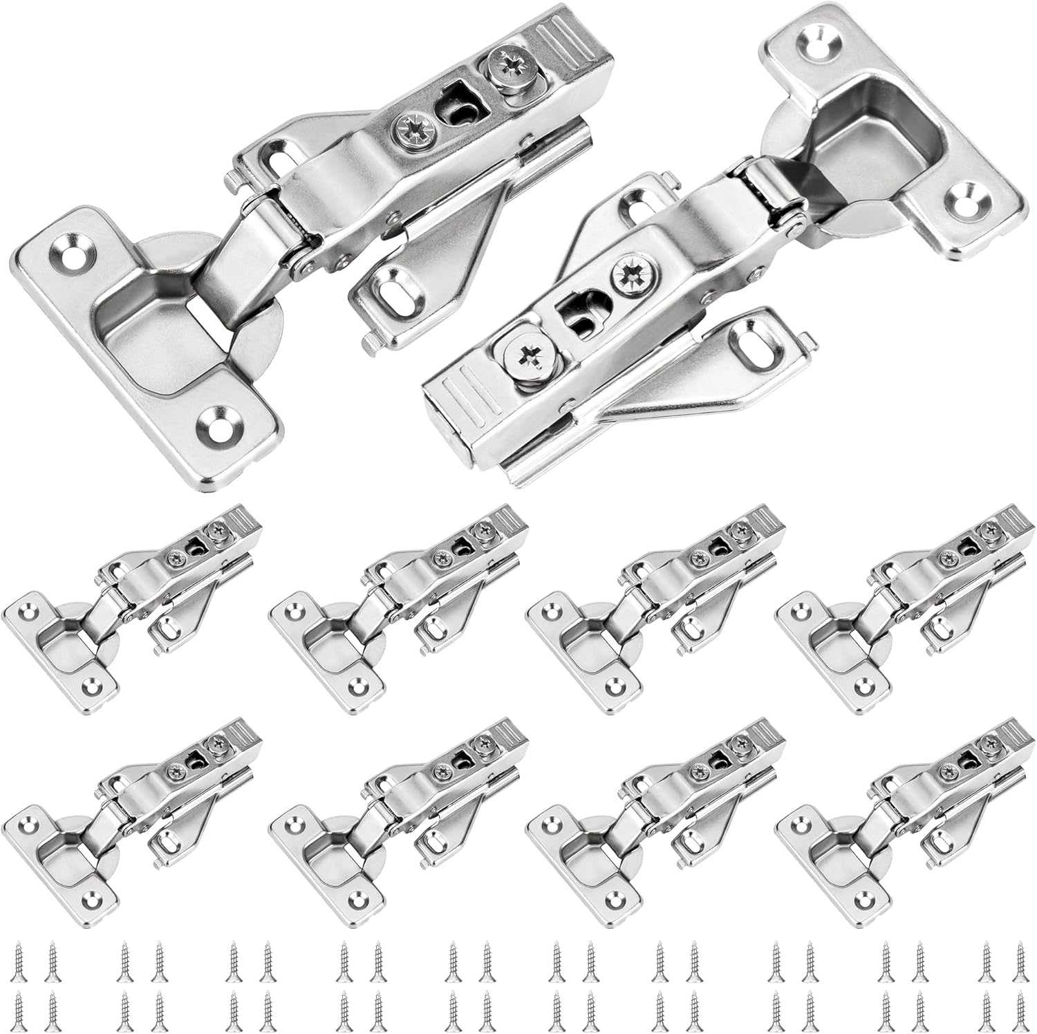 10 Pack 1/2'' Overlay Face Frame Soft Close Hidden Cabinet Hinges, 105 Degree 3D Adjustable Clip On Plate Concealed Kitchen Cupboard Door Hinges with Screws 10 1/2 Inch