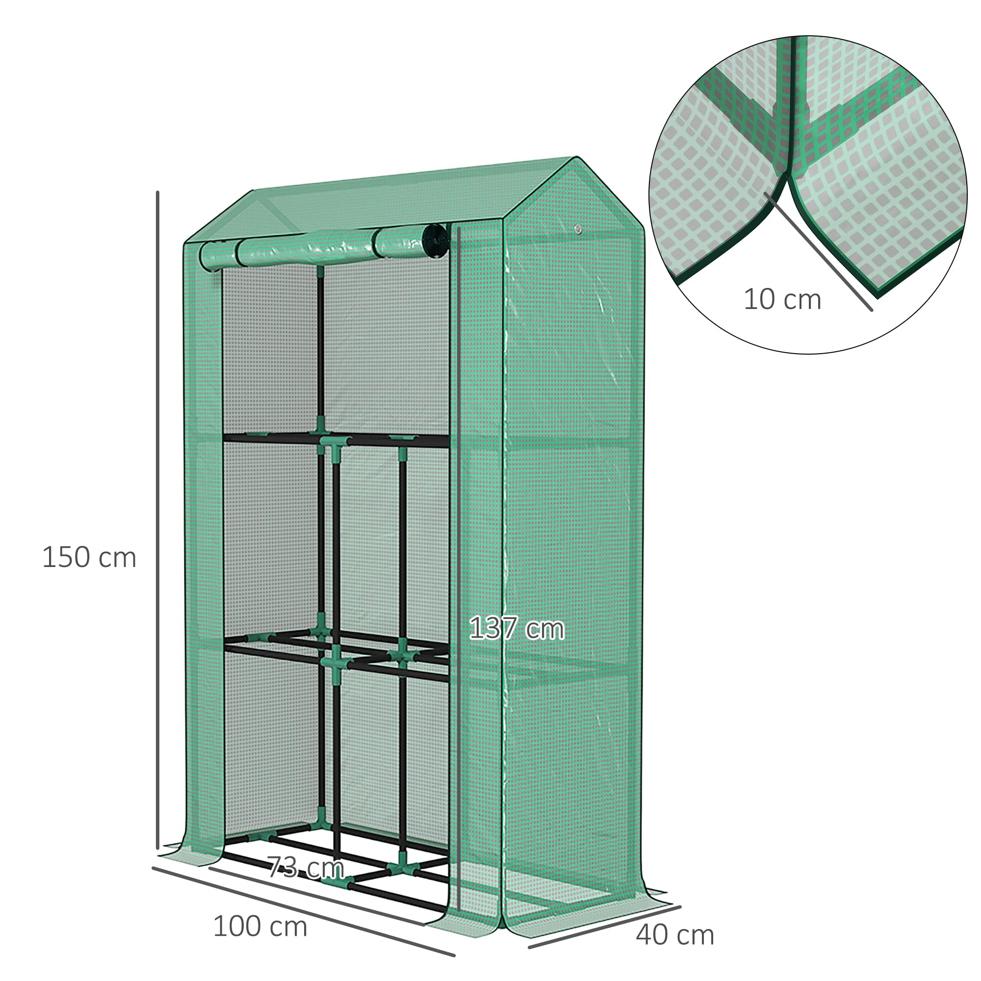 Outsunny Serra da Balcone per Orto 3 Livelli Anti UV 100x40x150 cm Verde | Porta a Cerniera Avvolgibile, 8 Fibbie di Plastica, Serra da Giardino in Acciaio e PE, per Piante Fiori e Verdure
