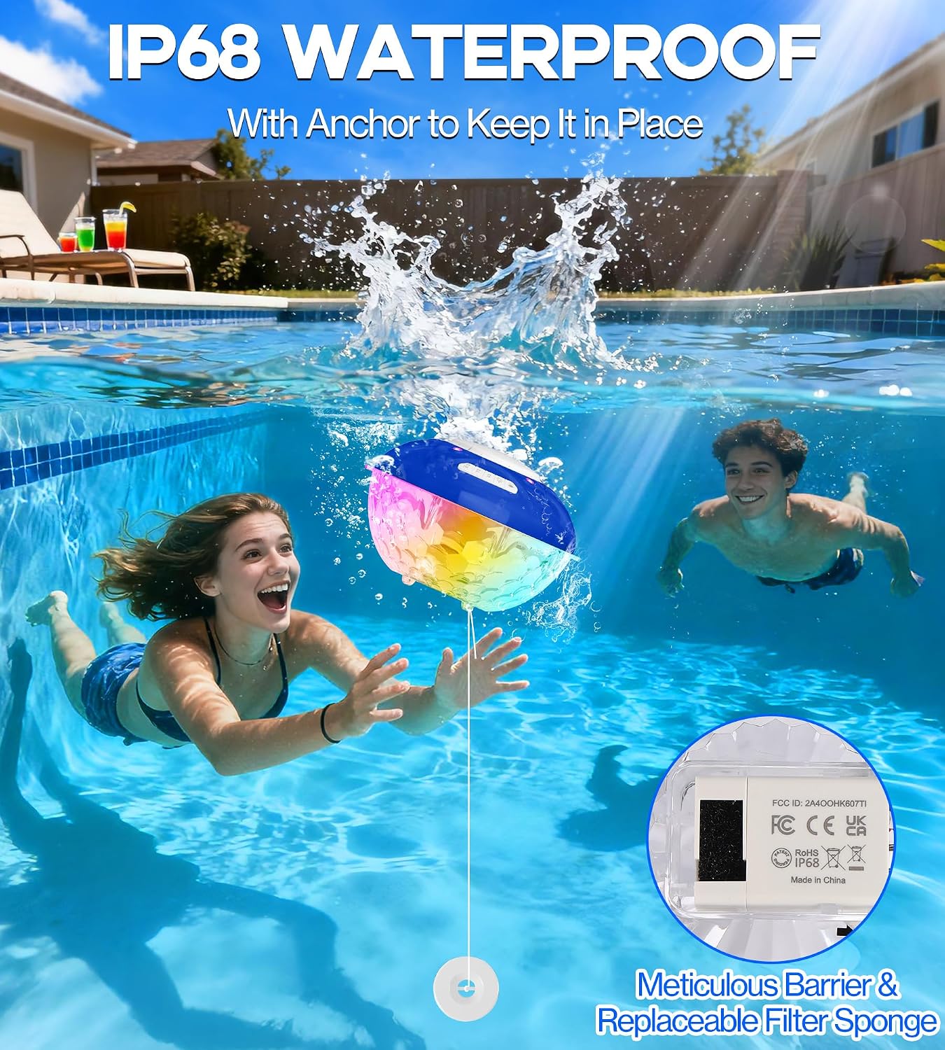 Luxfero 3 in 1 Pool Fountain with Bluetooth Pool Speaker, Floating Pool Fountain with Lights, IP68 Waterproof Hot Tub Speaker Pool Water Fountain Pump, BT5.4, Loud Sound Pool Fountain Speaker-Blue