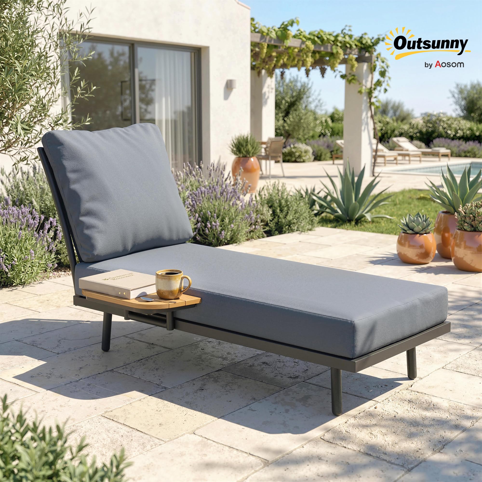 Outsunny Chaise Longue de Jardin Bain de Soleil Étagère Latérale Gris