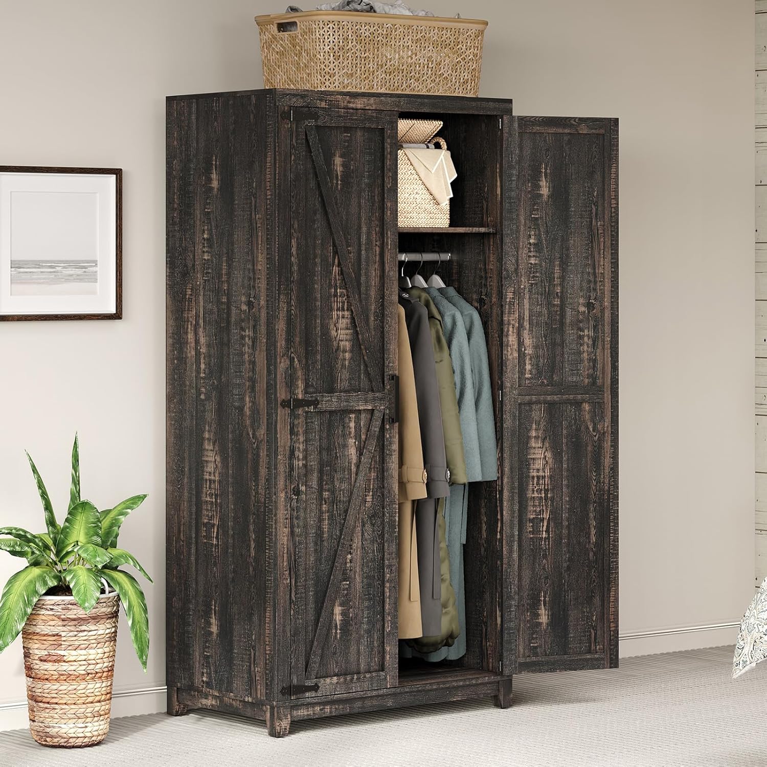 70" Large Armoire Wardrobe Closet with Hanging Rod, Farmhouse Clothing Storage Cabinet with 2 Barn Doors, Wooden Tall Bedroom Armoires with Shelf, Dark Oak Wood