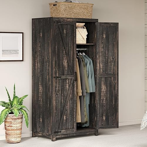 Miniatura 14 de Armario grande de 70" con barra para colgar, armario de ropa estilo granja con 2 puertas estilo granero, armarios altos de madera para dormitorio