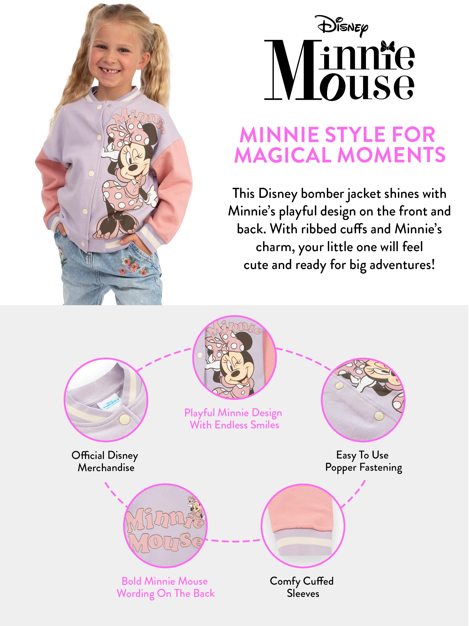 Disney Minnie Mouse Kurtka Bomberka Dla Dziewczynki, Varsity Kurtka Bawełniana Z Długim Rękawem