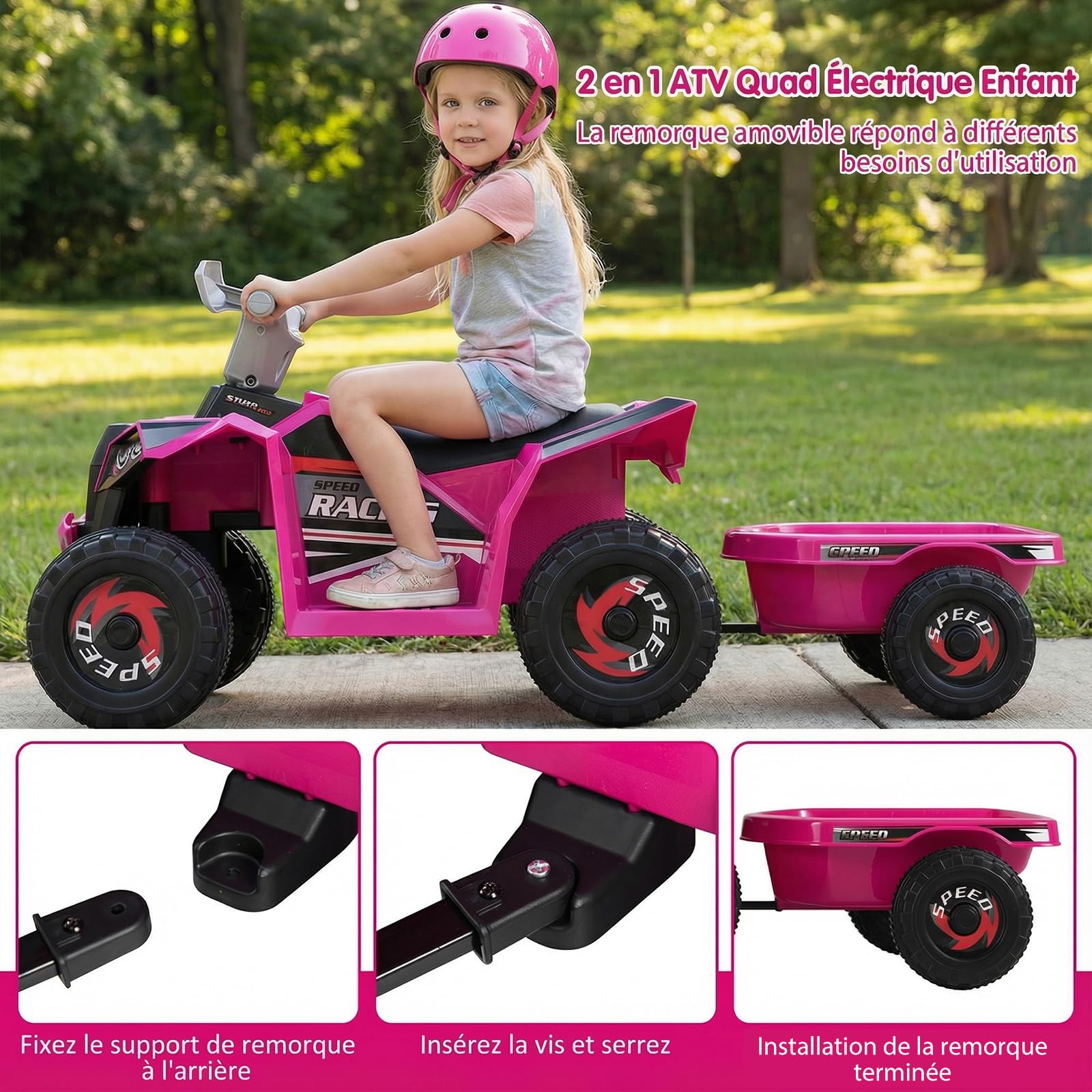 COSTWAY 6V Quad Électrique Enfant avec Remorque Amovible, Voiture Électrique ATV avec 6 Roues Antidérapantes & Bouton & Pédale, Charge 30kg, 2-3 km/h pour Enfant de 3 Ans+ (Rouge Rose)