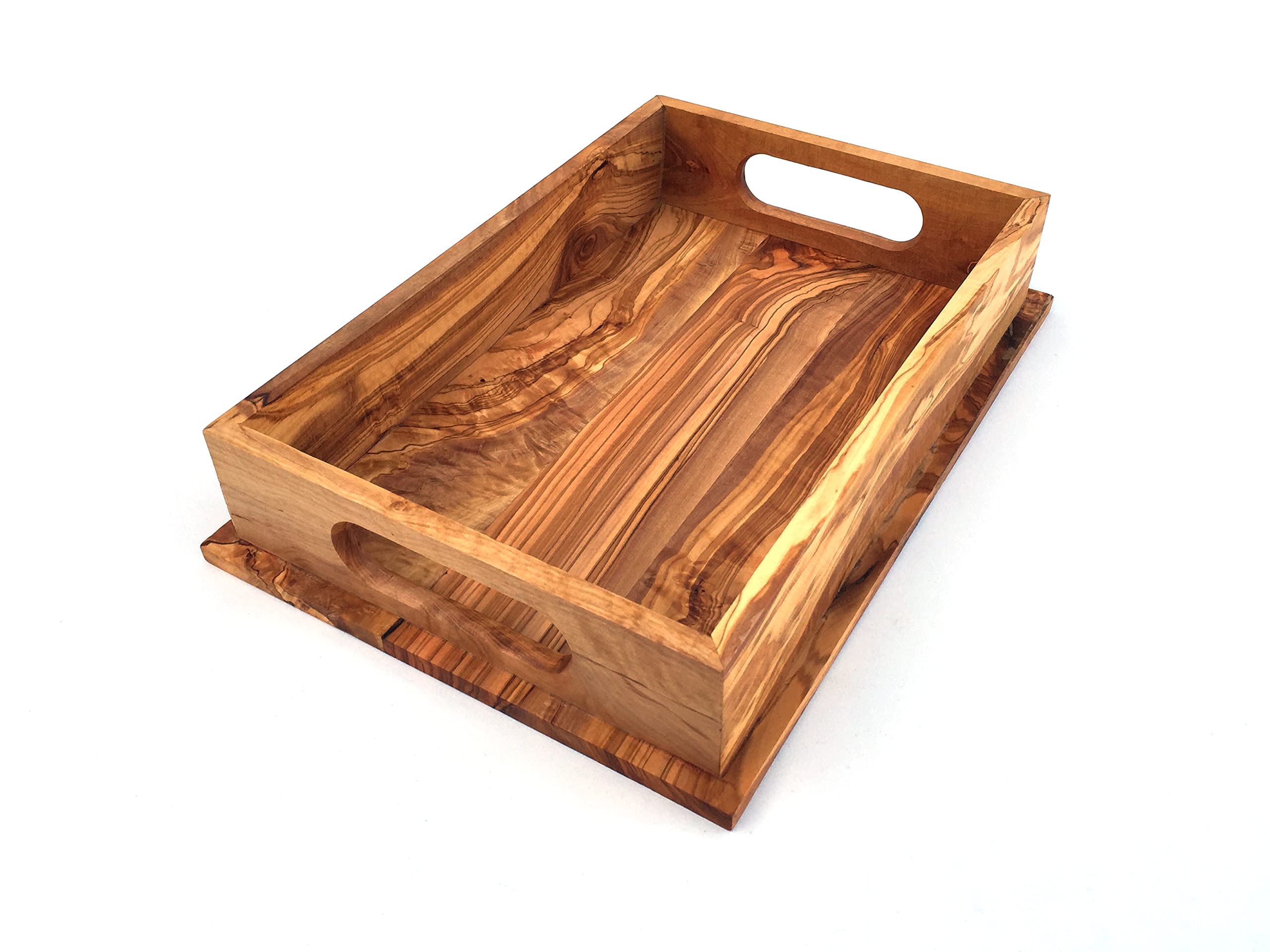 Serviertablett mit 2 Griffe rechteckig 35 x 24 x 7 cm, Tablett, handgefertigt aus Olivenholz