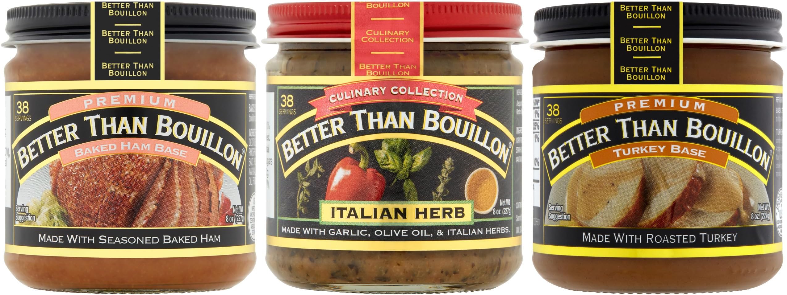 Better Than Bouillon Base Variety Pack, 1 Premium Baked Ham Base, 1 Culinary Collection Italian Herb Base, 1 Premium Turkey Base, 8 Ounce Jars (Pack of 3)
