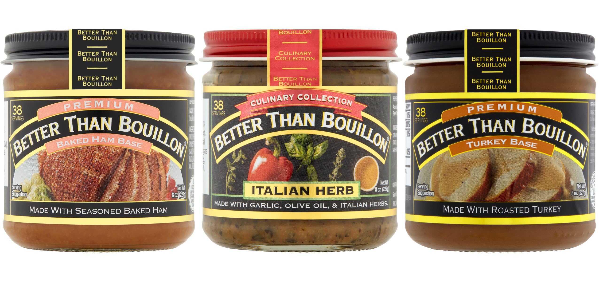 Better Than Bouillon Base Variety Pack, 1 Premium Baked Ham Base, 1 Culinary Collection Italian Herb Base, 1 Premium Turkey Base, 8 Ounce Jars (Pack of 3)