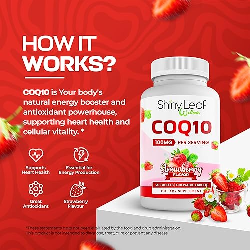 Miniatura 3 de Shiny Leaf CoQ10 100mg - Suplemento CoQ10 masticable - Coenzima Q10 para la salud del corazón y la energía - Suplemento natural Co Q 10 para el