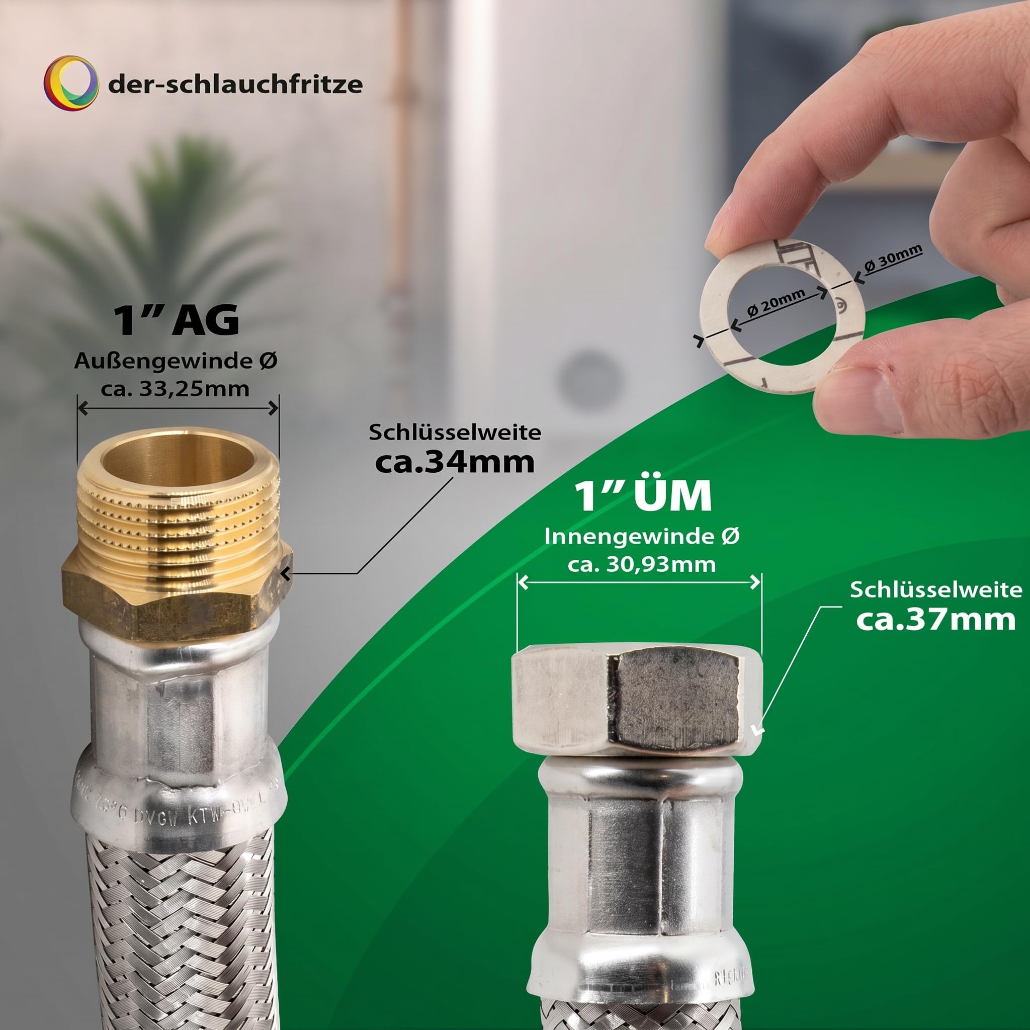 Flexschlauch 1 Zoll ÜM x 1 Zoll AG, hoch flexibler Panzerschlauch DN25 mit Trinkwasserzulassung