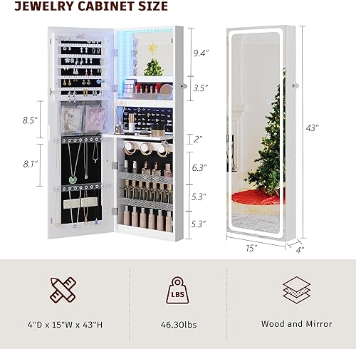 Miniatura 7 de Armario de joyería con espejo, espejo de longitud completa con almacenamiento, armario de joyería de montaje en puerta de pared con 3 luces de