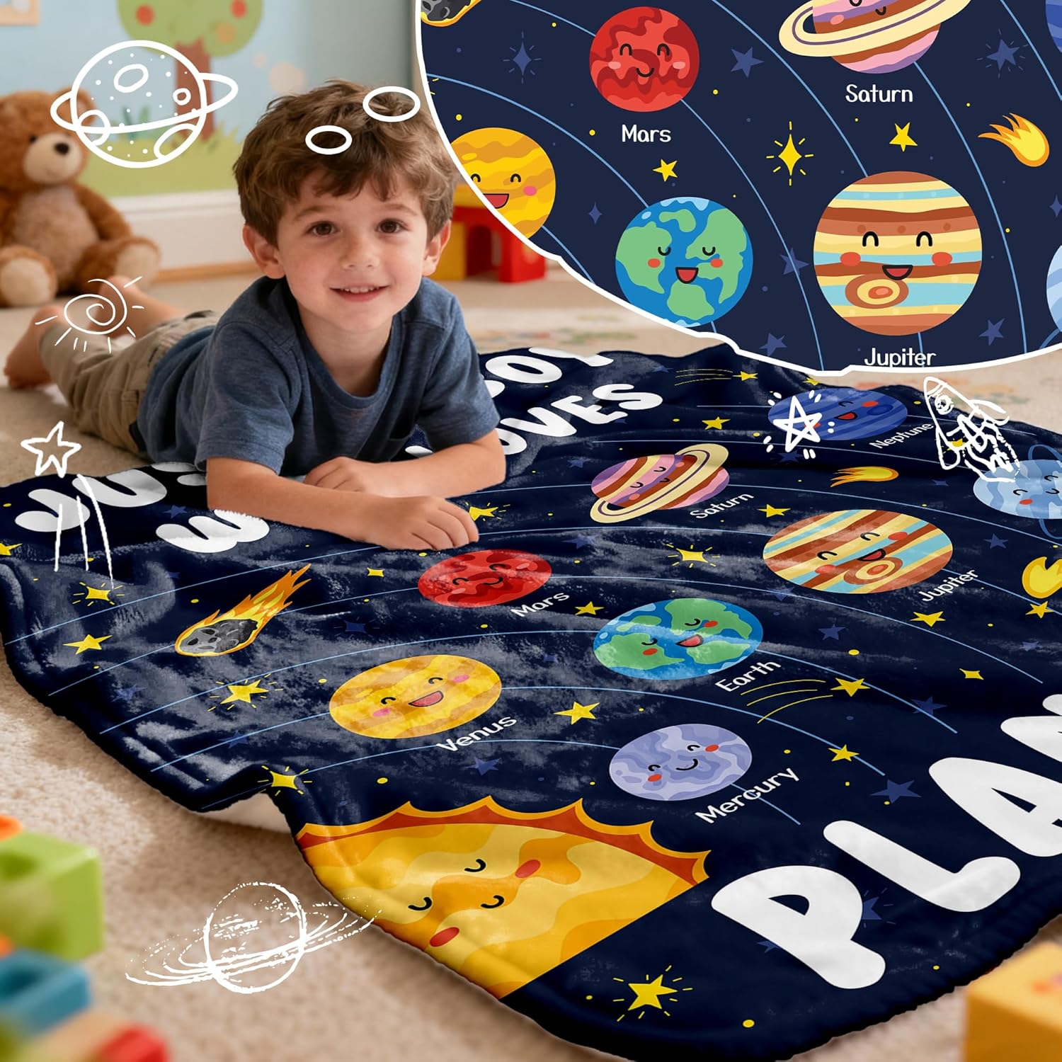 Just A Boy Who Loves Planets Solar System Space Throw Blanket Fannel Fleece Super Soft Funny Blanket Travel Throw Blanket for Bed Couch Sofa 40 x 50 Inch for Kid - Image 2
