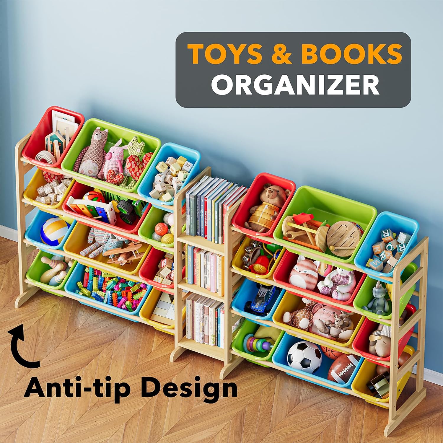 SpaceAid Large Toy Storage Organizer with 24 Bins and 3 Shelves, Toy Organizers Storage Bookshelf, Kids Bin Shelf Box Bookcase for Bedroom Playroom Organization Room Decor, Multi-Colored