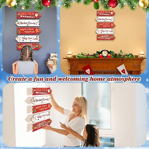 Miniatura 7 de Roowest Letrero colgante de madera de Navidad, decoración de taller de Papá Noel, diseño rústico direccional de flecha de jengibre, decoración de