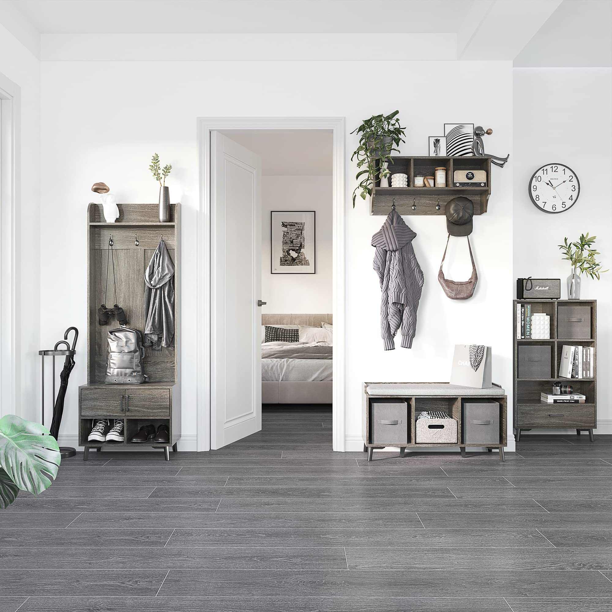 HOMCOM Perchero con Zapatero Recibidor con 3 Ganchos 60x34x170 cm Gris | Perchero Entrada, 2 Puertas, 2 Compartimientos, Estante de Almacenamiento, para Pasillo