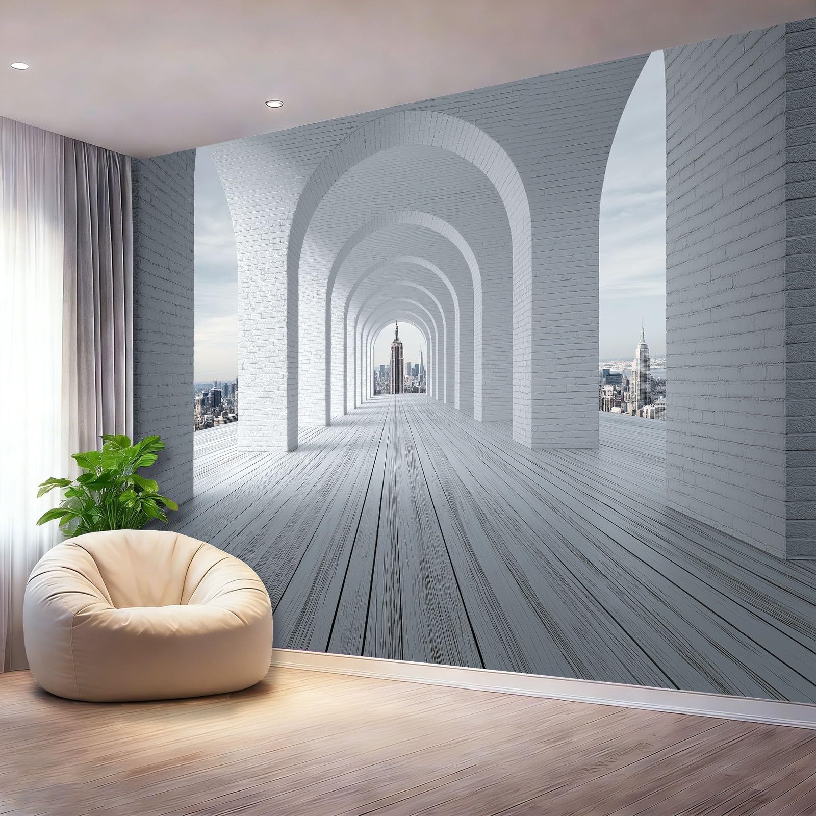 Carta da parati fotografica 3D, moderna e industriale, con tunnel e arco di mattoni, grattacieli, decorazione da parete, 350 x 256 cm, in tessuto non tessuto, XXL, per soggiorno, camera da letto
