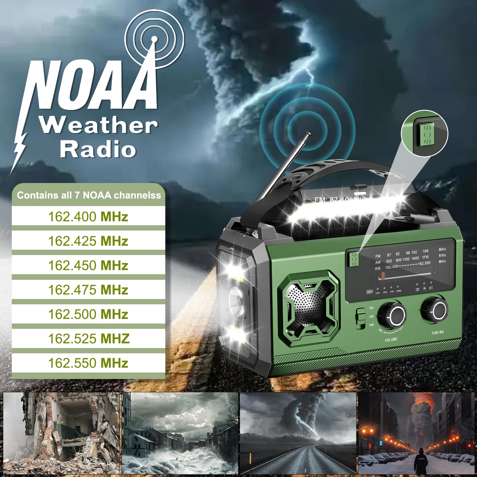 Radio Solar de Emergencia con Manivela, 27000mAh FM/Am Emergency Radio Portatil de Dinamo con Linterna LED, Luz de Lectura y SOS Alarma USB de Camping al Aire Libre (Verde Militar)