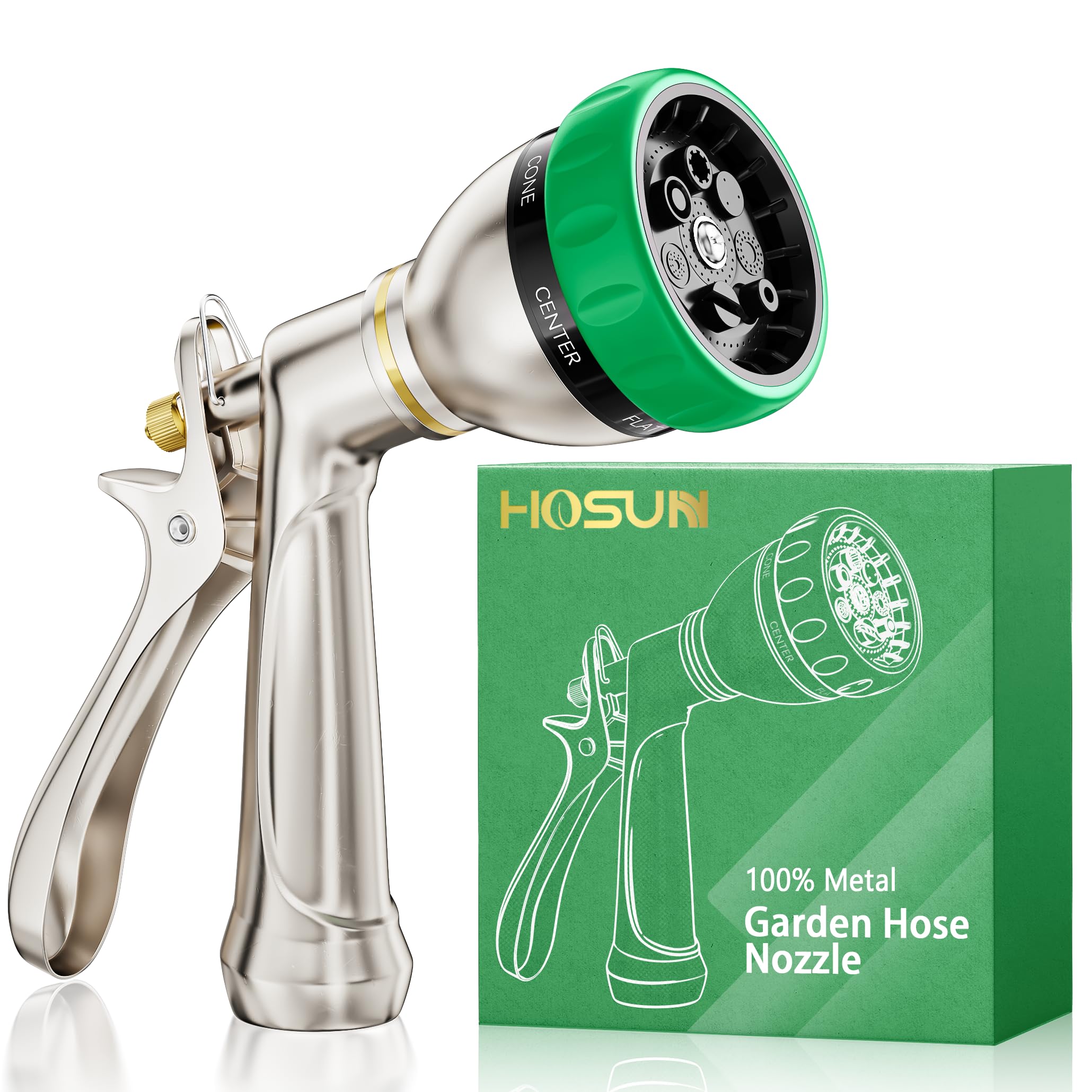 HOSUN Garden Hose Nozzle Sprayer Heavy Duty, 100% Metal Water Hose Nozzle with 7 Spray Patterns, High Pressure Hose Spray Nozzle with Lockable Rear Trigger for Watering Plant & Lawn, Washing Car & Pet