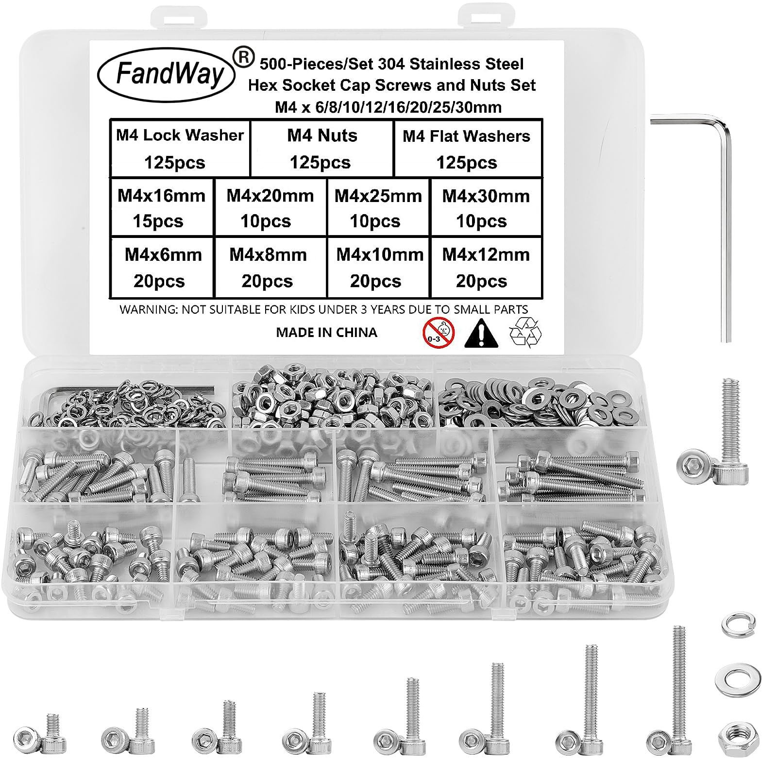 FandWay 500Pcs M4 Bolts and Nuts Set,Hex Socket Cap Machine Screws, Allen Screws 304 Stainless Steel,Allen Bolt Nut and Flat & Lock Washers Assortment Kit,Internal Hex Drive Fully Threaded With Key.