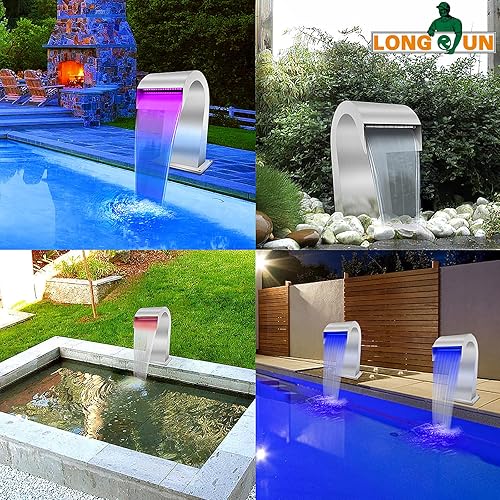 Miniatura 7 de LONGRUN Fuente de piscina en forma de S de cascada de acero inoxidable con luz LED que cambia de color, kit de fuentes de agua para estanque al aire