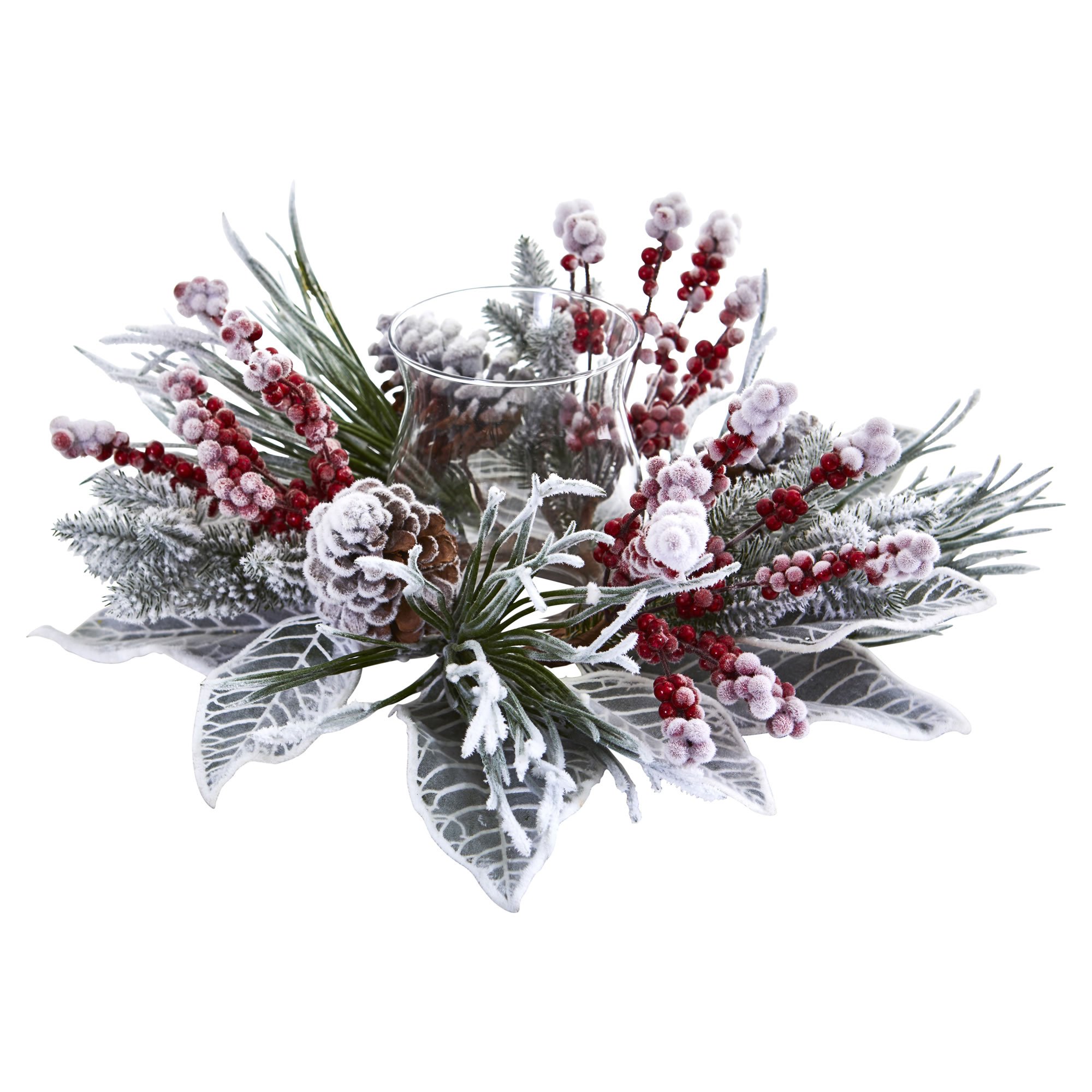 Nearly Natural Snowy Magnolia Berry Artificial Candelabrum Silk Arrangements, 7"D x 17"W x 17"H, White