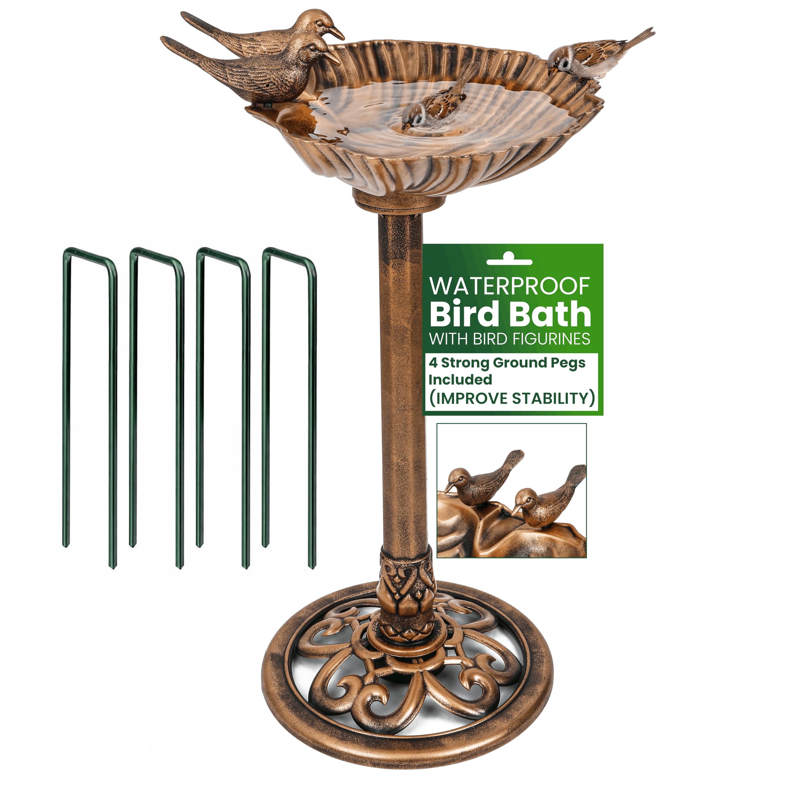 My Garden Bird Bath Freestanding Bronze Effect - Bird Bath Outdoor with Bird Figurines - Wide Shallow Design with 4 Ground Pegs - Weather Resistant & Perfect for Patios & Decks
