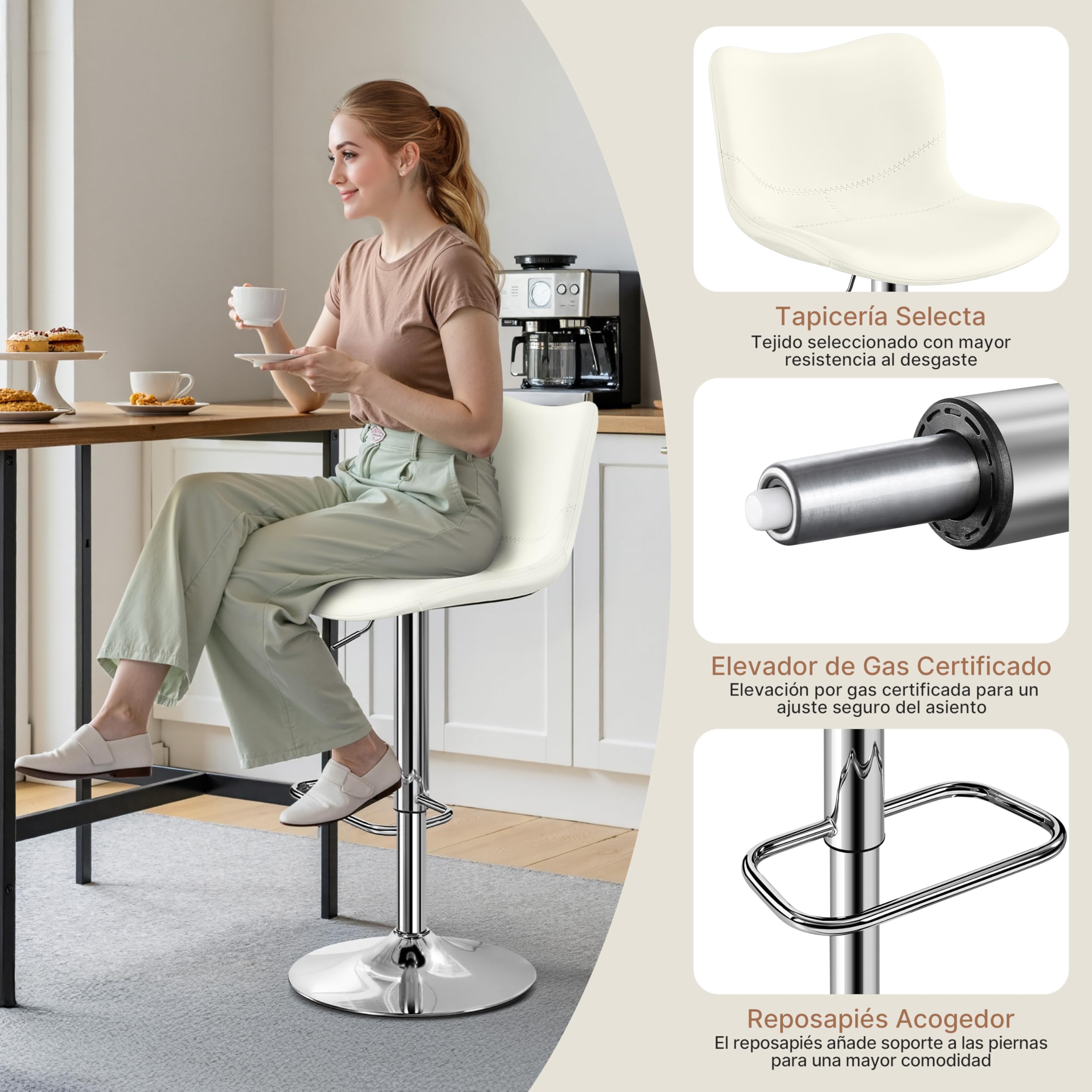 Yaheetech Juego de 2 Taburetes de Bar, Silla de Polipiel sin Reposabrazos | Sillas Giratorias con Respaldo Reposapiés Altura Ajustable Blanco