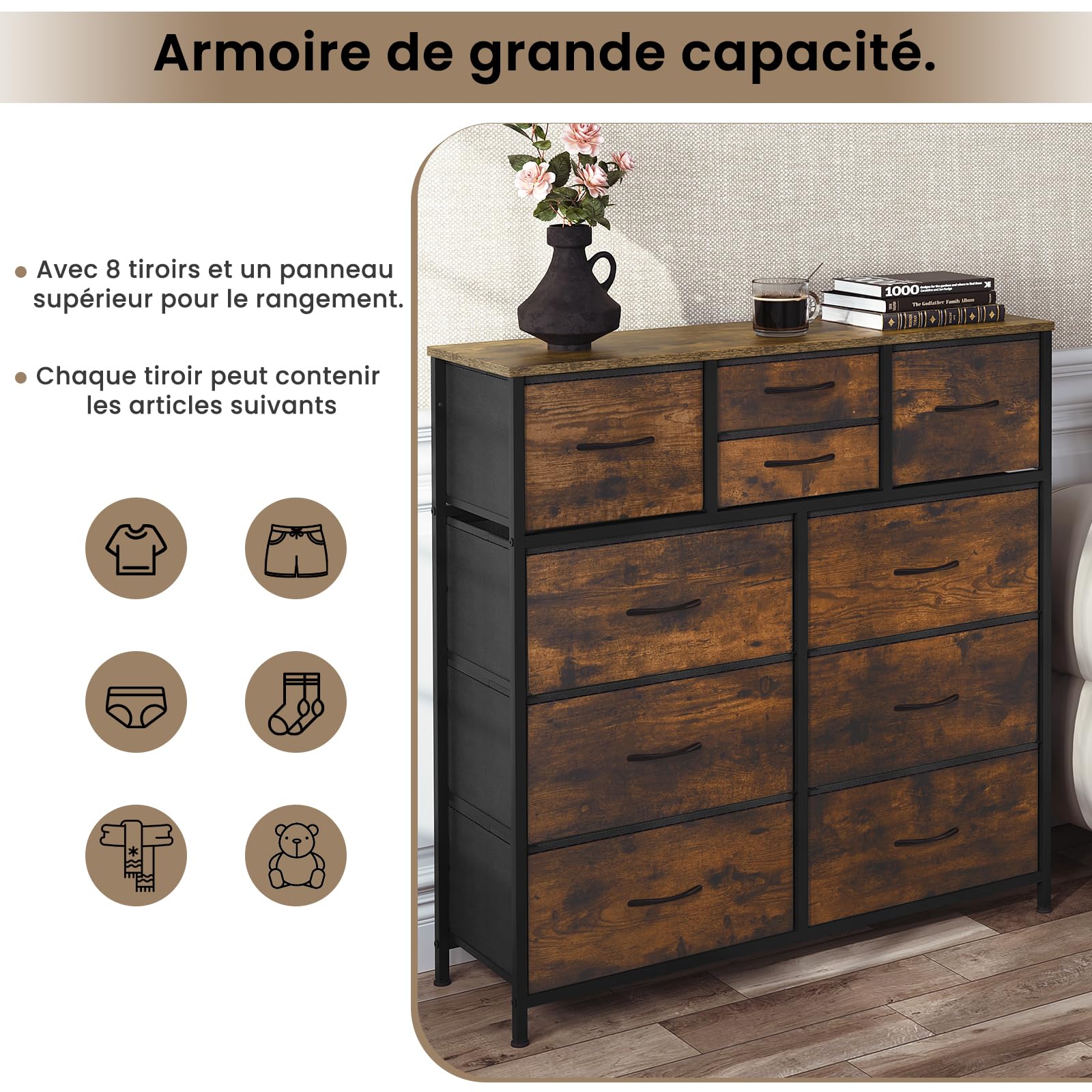 WOLTU Commode, Meuble de Rangement, avec 10 Tiroirs en Tissu, Commode Rangement pour Chambre, Salon, Entrée, Cadre en Métal, Marron Rustique et Noir, SSK009shm