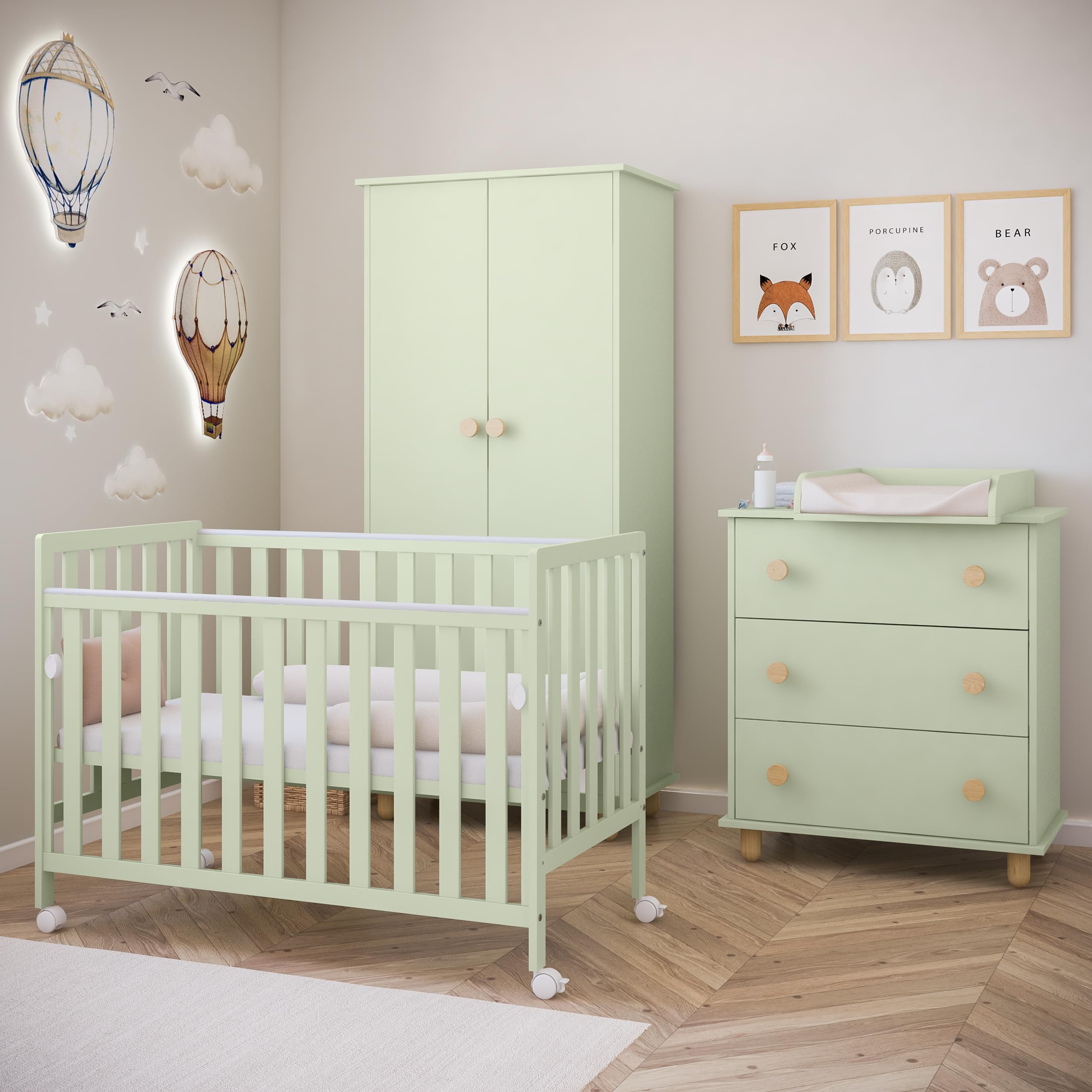 zee Bambi Cuna Colecho Bebe 120x60 cm Verde Menta con Ruedas Lateral Abatible Somier Regulable 3 Alturas Cuna Portatil Bebe